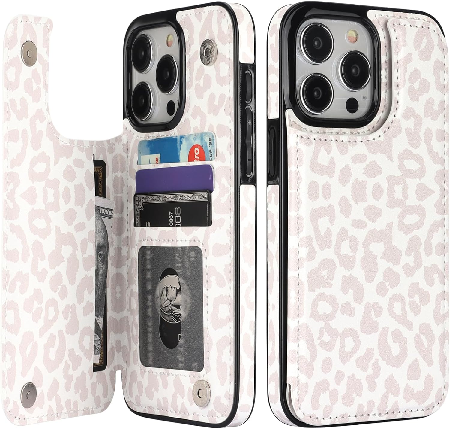 HAOPINSH for iPhone 15 Pro Max Case Wallet with Card Holder, White Leopard Cheetah Pattern Back Flip Folio PU Leather Kickstand Card Slots Case for Women Girls, Double Magnetic Clasp Cover 6.7"
