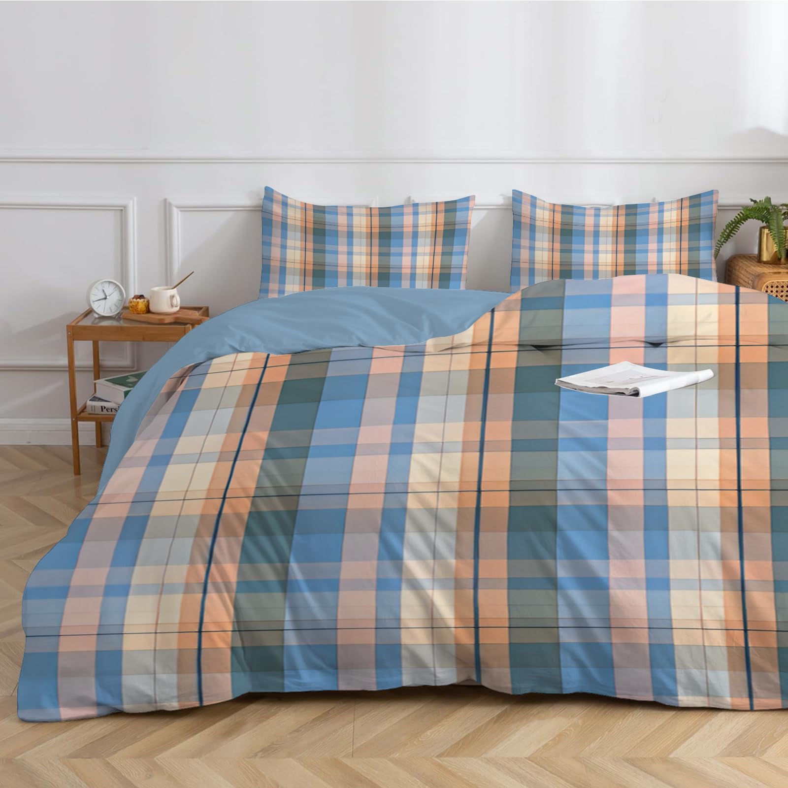 Dyausi Blue Orange Duvet Cover Double Tartan Check Reversible Stylish Bedding Double Bed Set Soft Microfiber Quilt Cover Double Bedding 200X200cm + 2 Pillowcases 50X75cm - Double