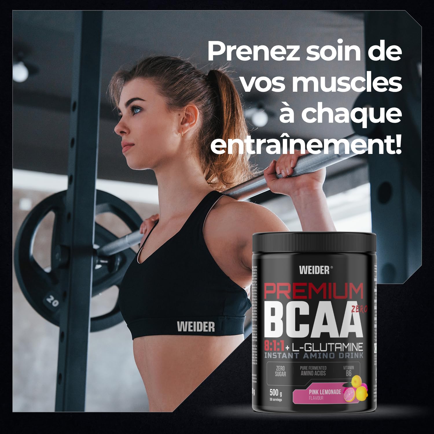 Weider Premium BCAA 8:1:1 + L-Glutamine (500g) Goût Pink Limonade - Avec Vitamine B6, Sans sucre, Vegan