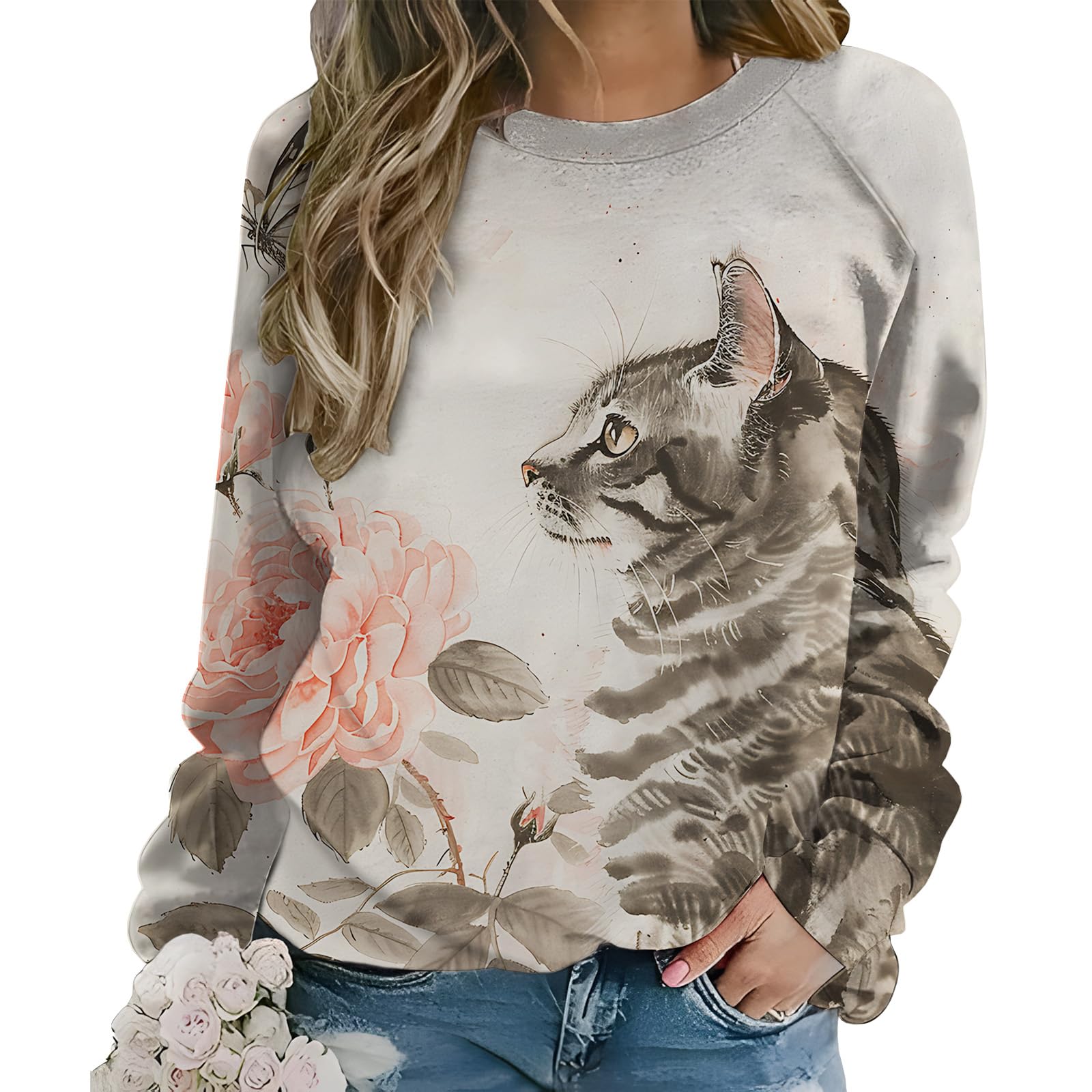 Cat Shirts for Women Casual Long Sleeve Crewneck Sweathirts 2026 Fall Tops