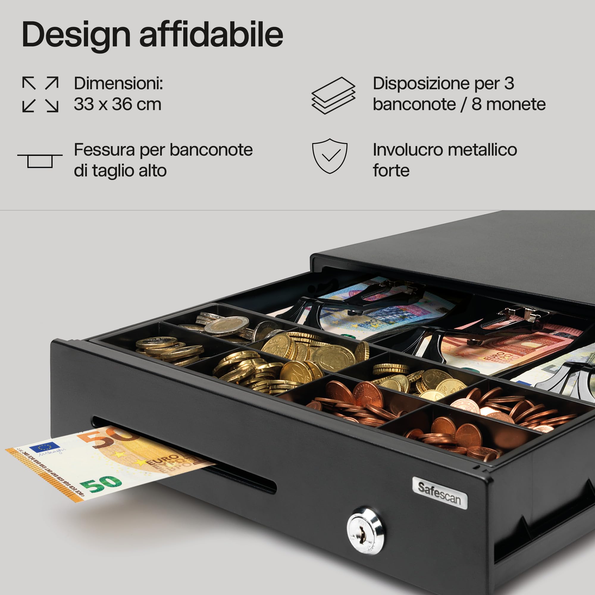 Safescan LD-4141 cassetto per soldi conserva i contanti - Cassa cassetto con 4 scomparti per banconote e 8 per monete - Connessione RJ-12 - Cassetto registratore di cassa 41 x 41,5 x 11,5 cm