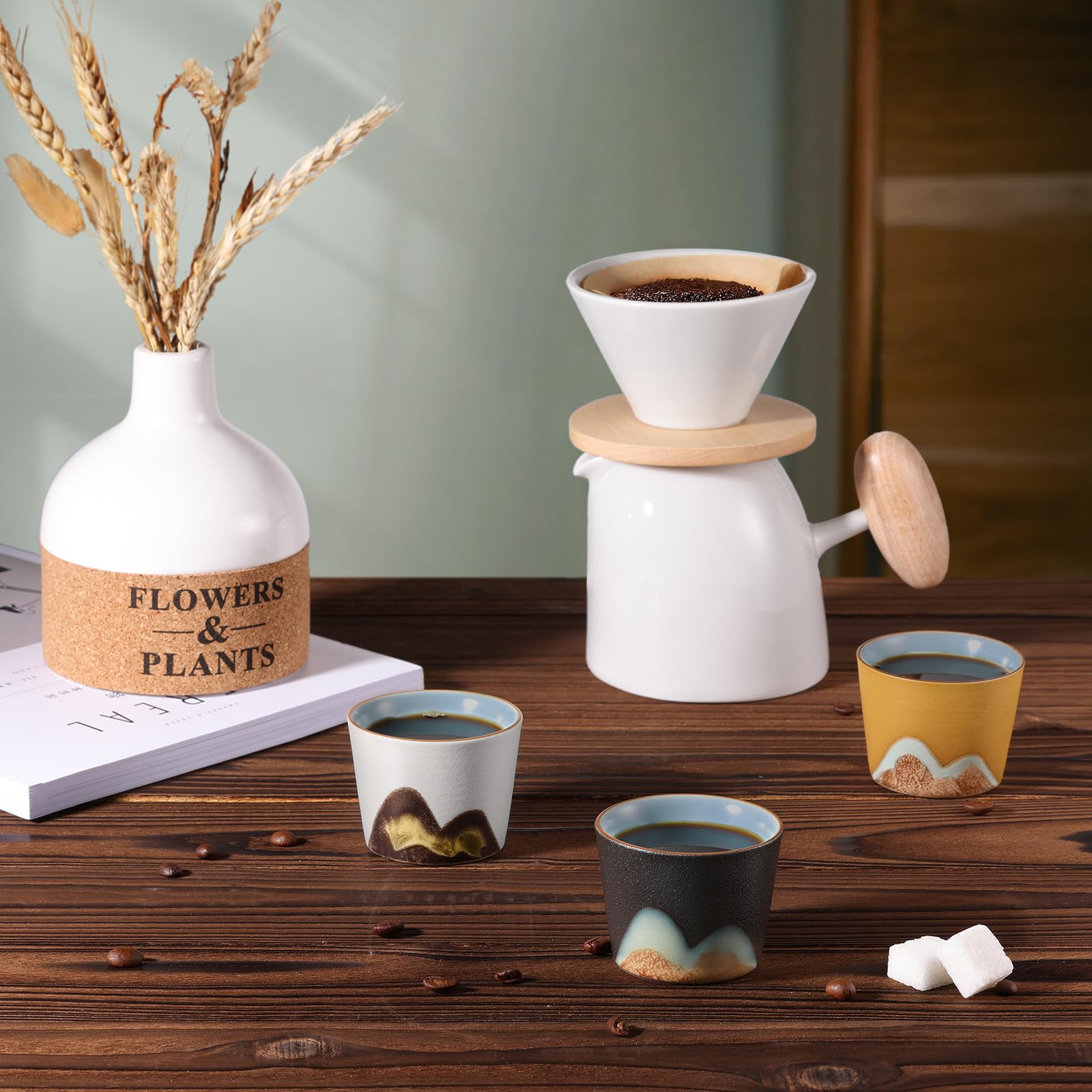 4x Espressotassen Set 160ml | Handgefertigte Keramik Tassen Ohne Henkel | Schwarz, Blau, Grün, Rot