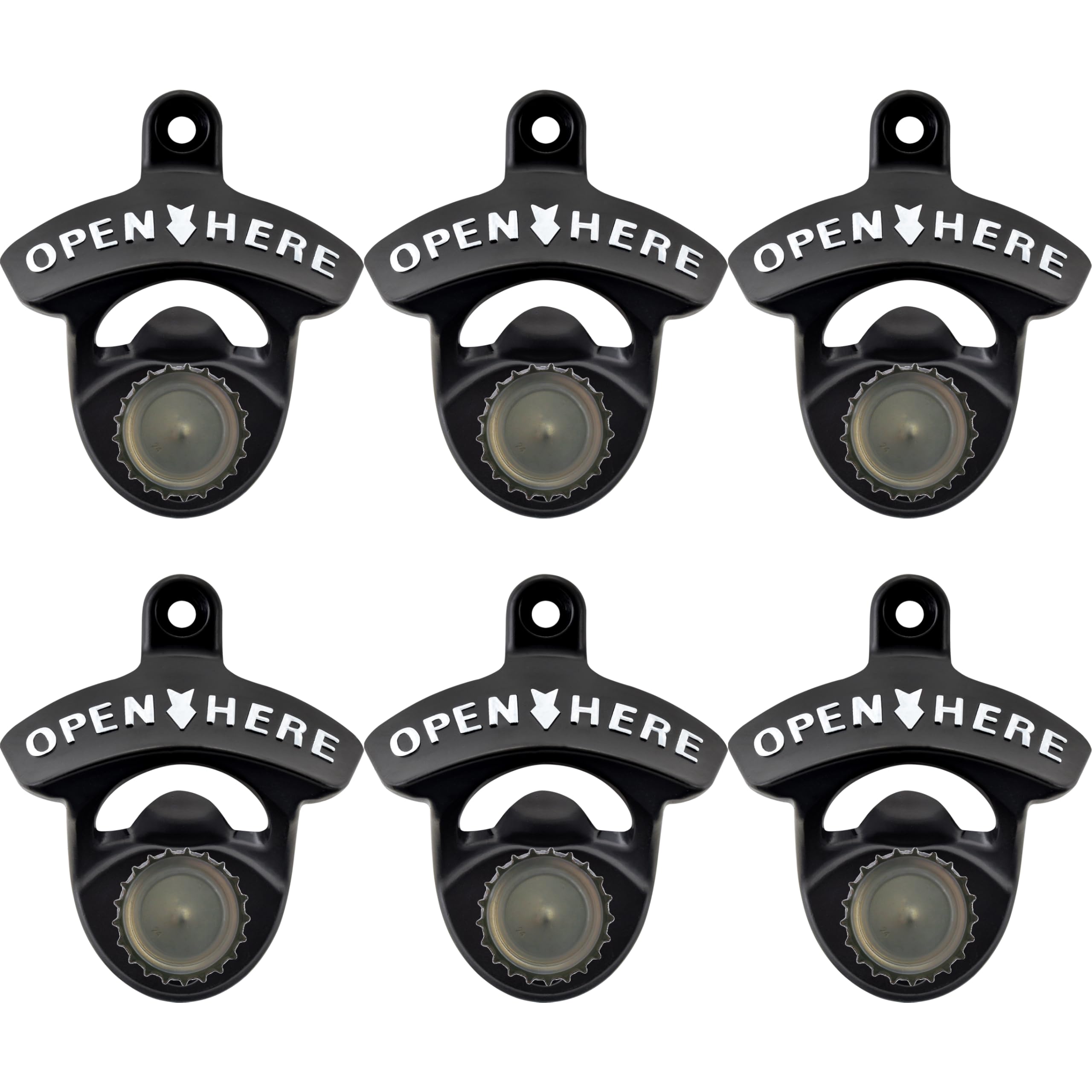 Jumiok 6 PCS Magnetic Bottle Cap Opener Wall Mounted Black with White, Outdoor Post Mount Beer Opener with Magnets for Man Cave Garage