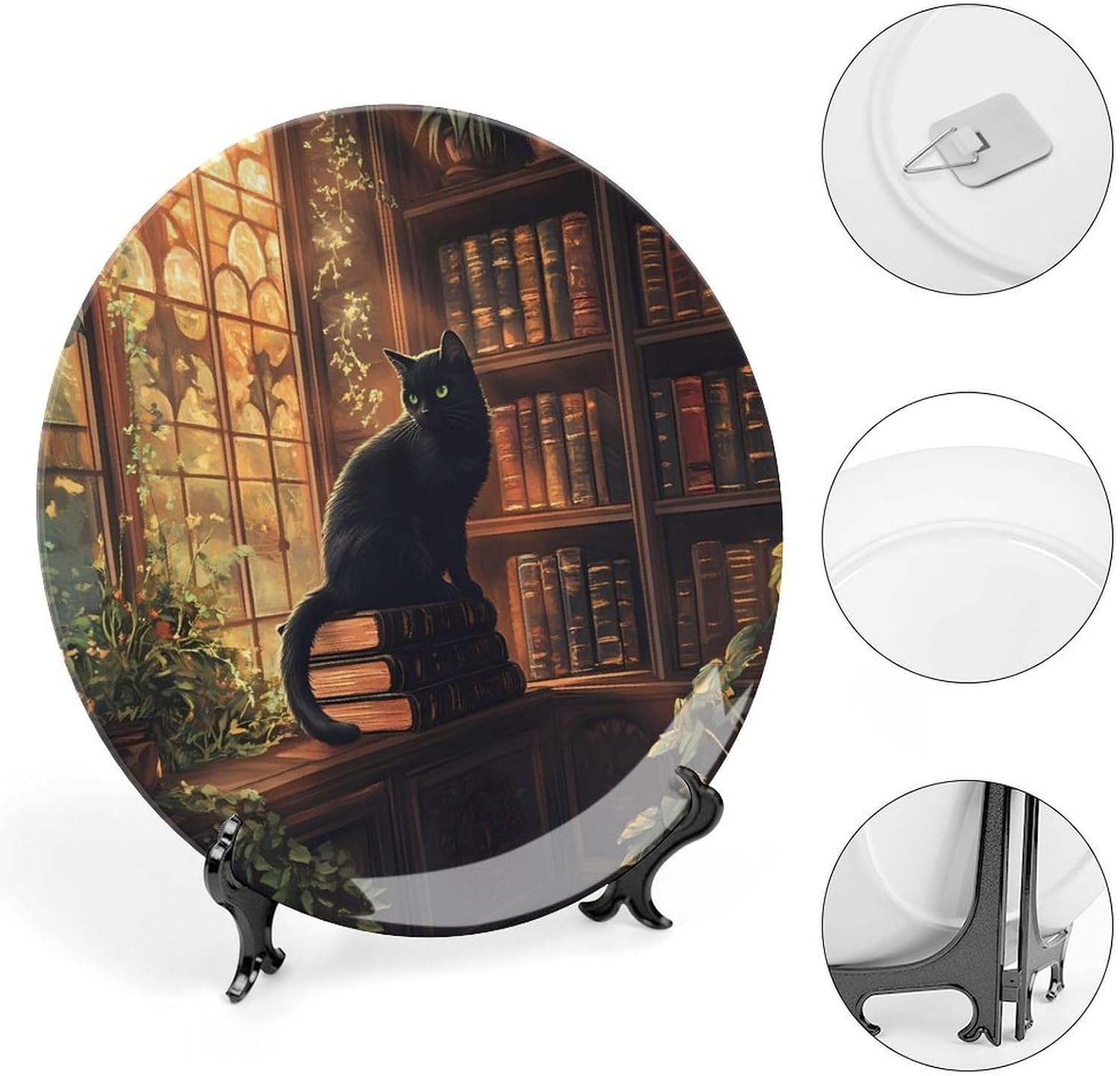 Black Cat Library Sunlight Window Decorative Plates for Display Ceramic Plate Tray with Stand Hanger Home Decor
