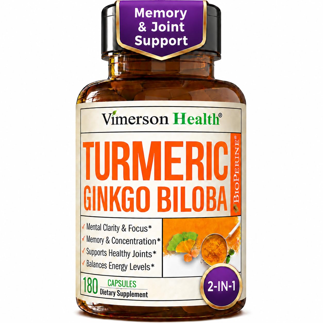 Ginko Biloba Capsules w/Ginkgo Biloba 120mg & Organic Turmeric – 180 Count 180 Count (Pack of 1)