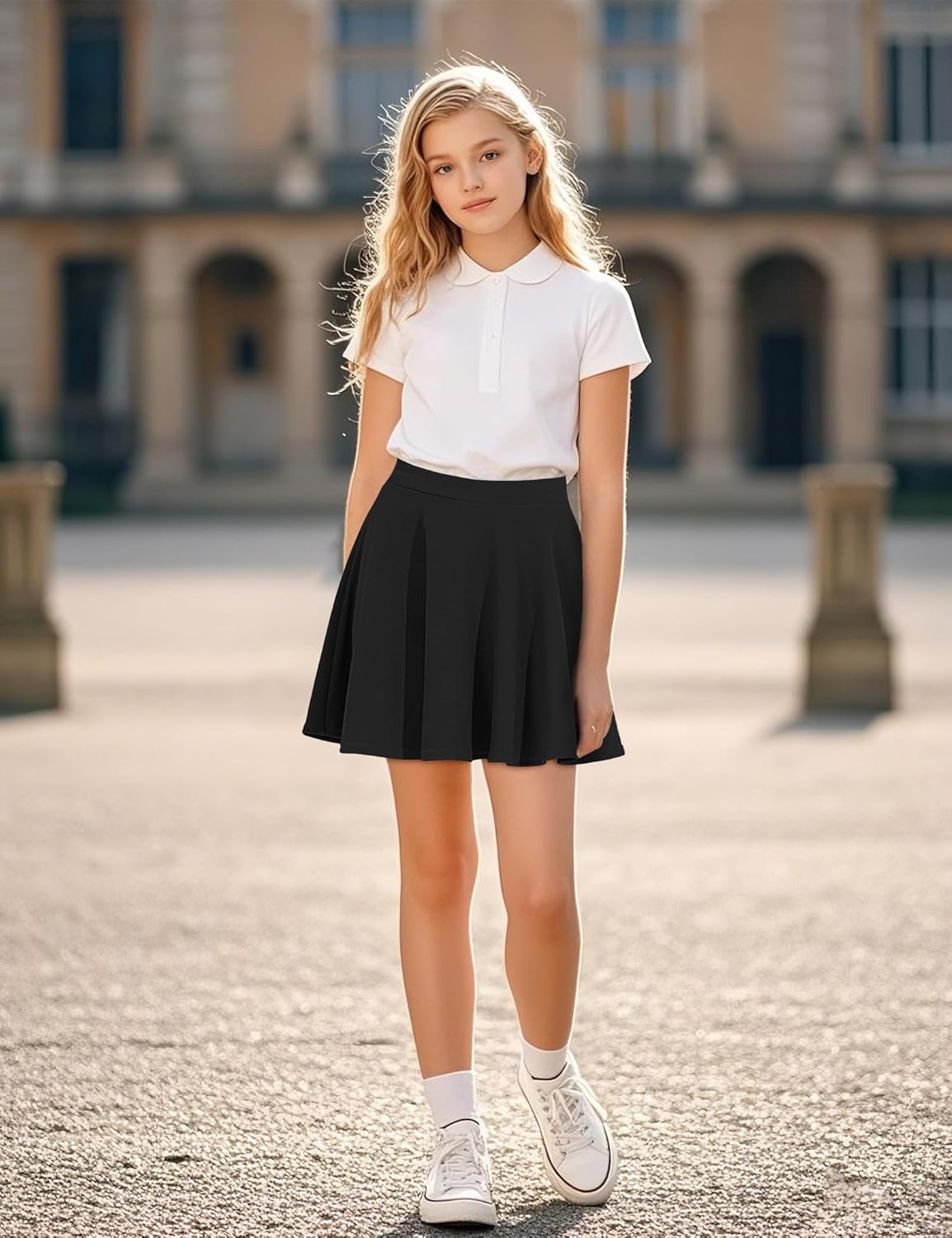 BOOPH Kids Girls Skirt Casual Mini Flare Plain Pleated Stretch Waist Skater Uniform Skirts - Image 3