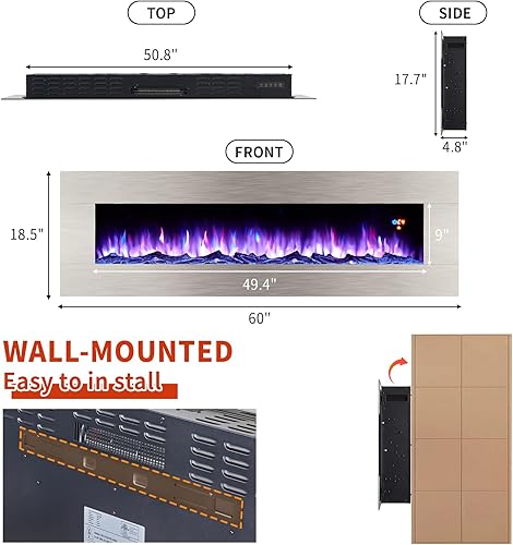 Miniatura 6 de Chimenea eléctrica de montaje en pared de 60 pulgadas, chimenea colgante de pared de acero inoxidable con control remoto, registro de brillo de 6