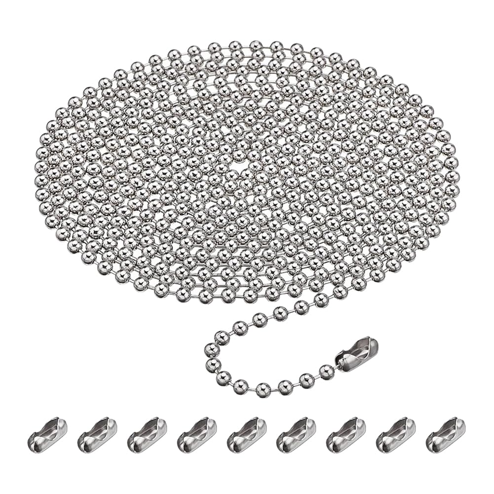 HugeDE 4.5mm 3m Beaded Ball Chain Bead Pull Chain Extension Metal Beaded Roller Chain Blind Beaded Chain Cord with 10 Pcs Chain Connectors for Curtain Rods
