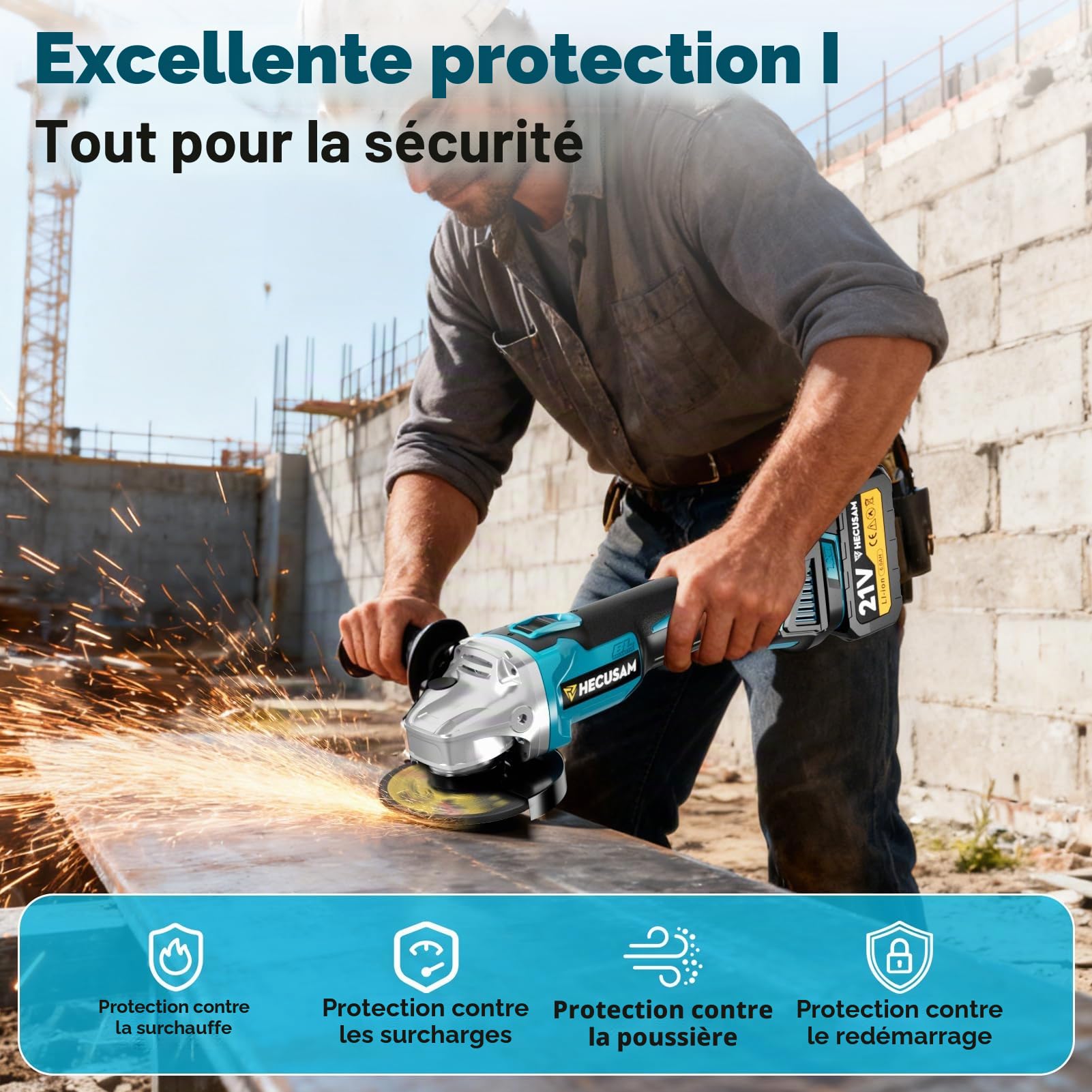 Meuleuse D'angle 125mm Sans Fil Flex, Set Avec 2x 4.0Ah Batterie, Moteur Sans Balais 1200W 4 Vitesses 10500RPM, 10 Disques de Coupe Pour Coupe, Meulage Et Brossage (blue)