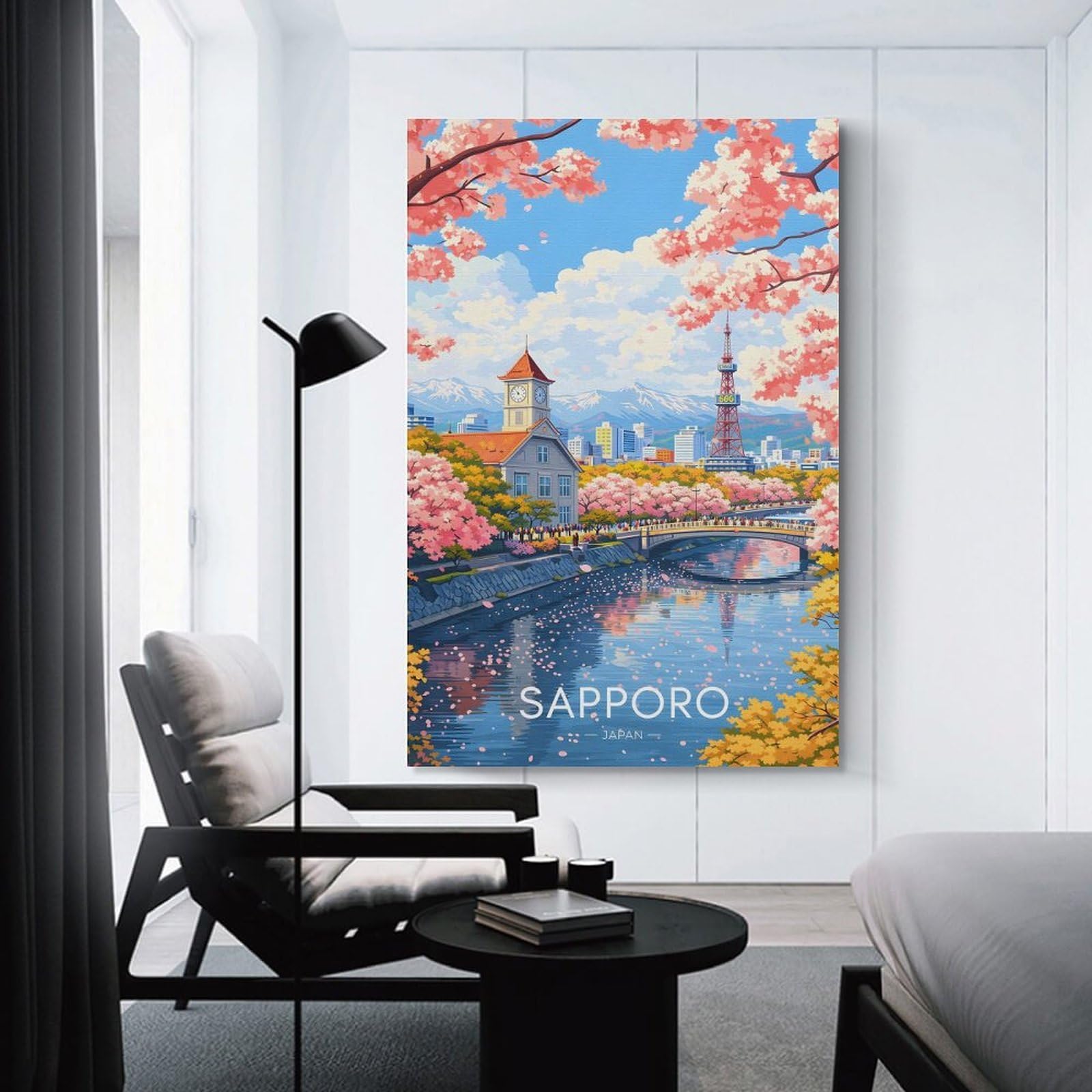 Junmoney Sapporo Cityscape with Cherry Blossoms Room Decor Wall Art, 24x36inch(60x90cm), for Gallery Wall Decor And Room Displays, Decorative Artwork with Flexible Styling