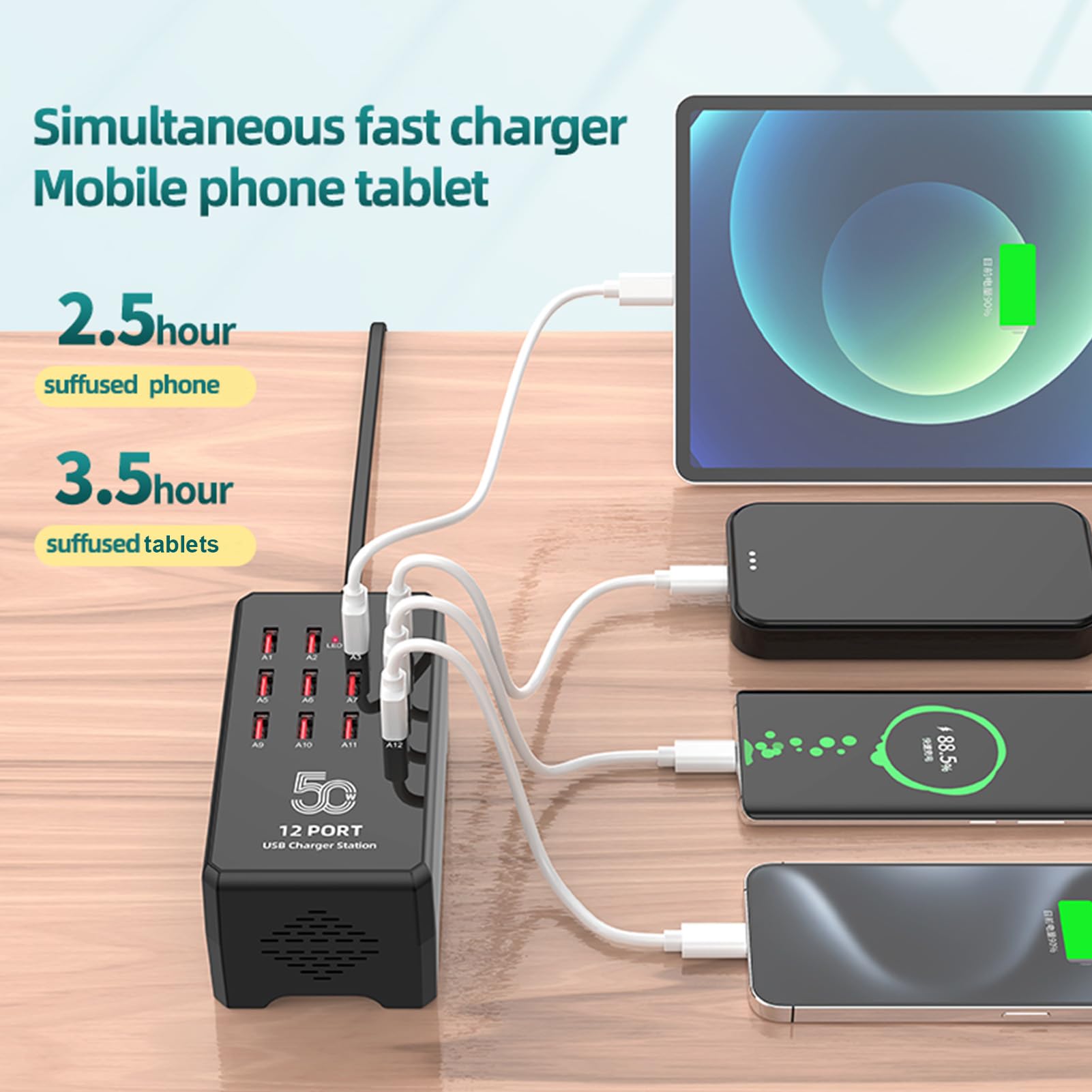 Cuifati Chargeur USB, Station de Charge USB à 12 Port 50W Multiple, Prend en Charge la Couverture de Tension Large, Chargeur Multi-Ports pour Téléphones, Montre, (Prise UE)