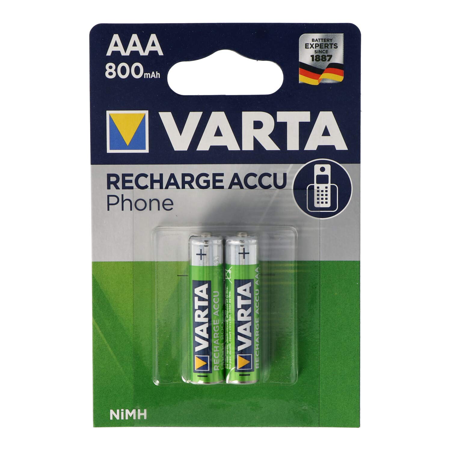 VARTA Batterien AAA, wiederaufladbar, 2 Stück, Recharge Accu Phone, Power on Demand, 800 mAh Ni-MH Akku, vorgeladen, für schnurloses Telefon