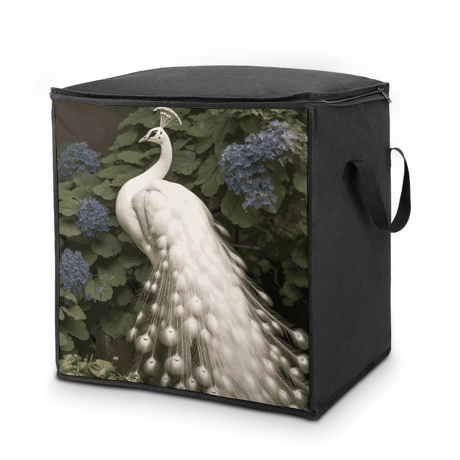 White Peacock Storage Bag with Zippers And Handle Extra Large Bedding Comforter Storage Bag Foldable Blanket Storage Bags Fabric Moving Bags for Closet Organizer (70L)