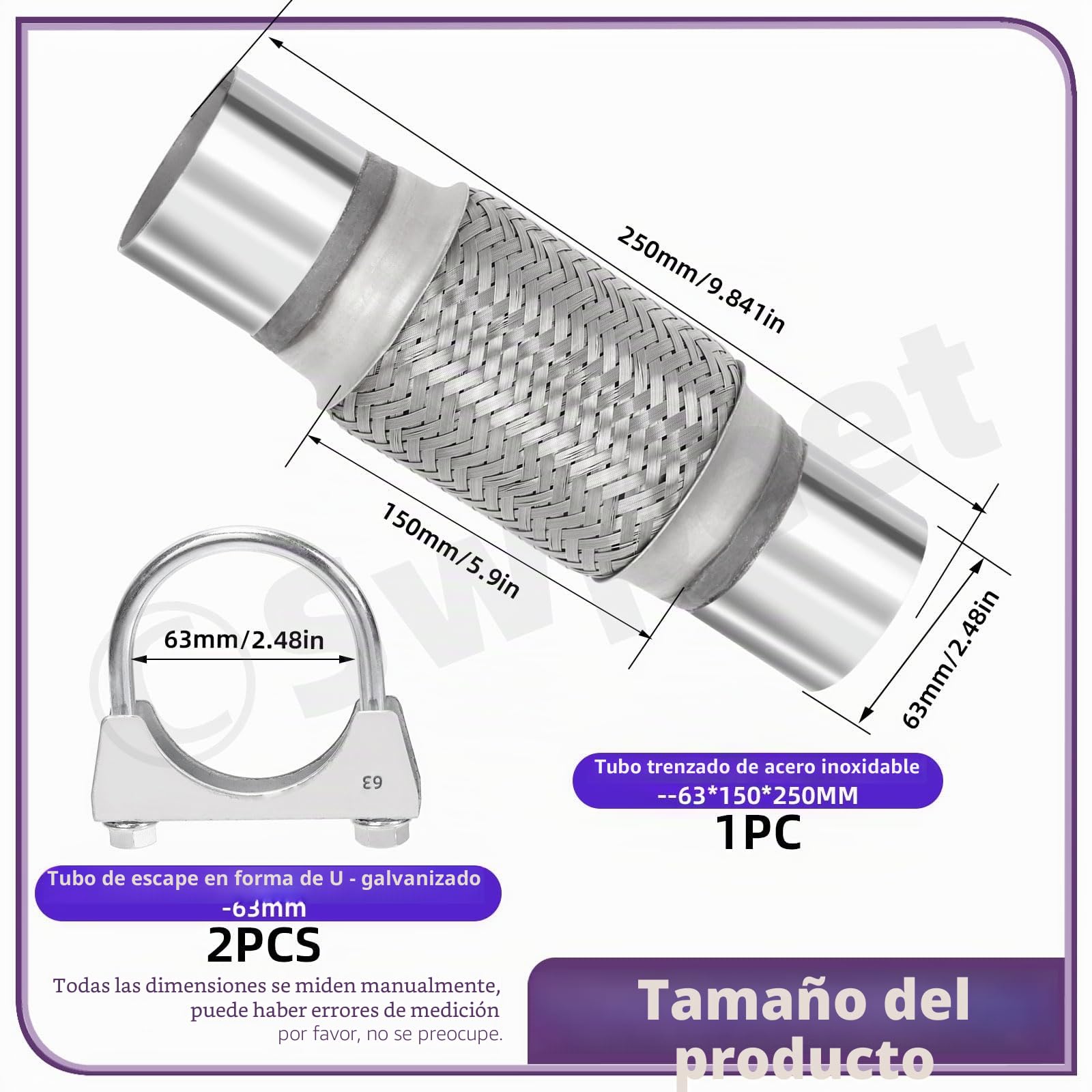 Swpeet 3 piezas tubo flexible de escape de 2,5 x 6 pulgadas con kit de abrazadera en U de escape de 2,5 pulgadas, tipo universal de acero inoxidable de doble trenza, tubo flexible de escape ideal para