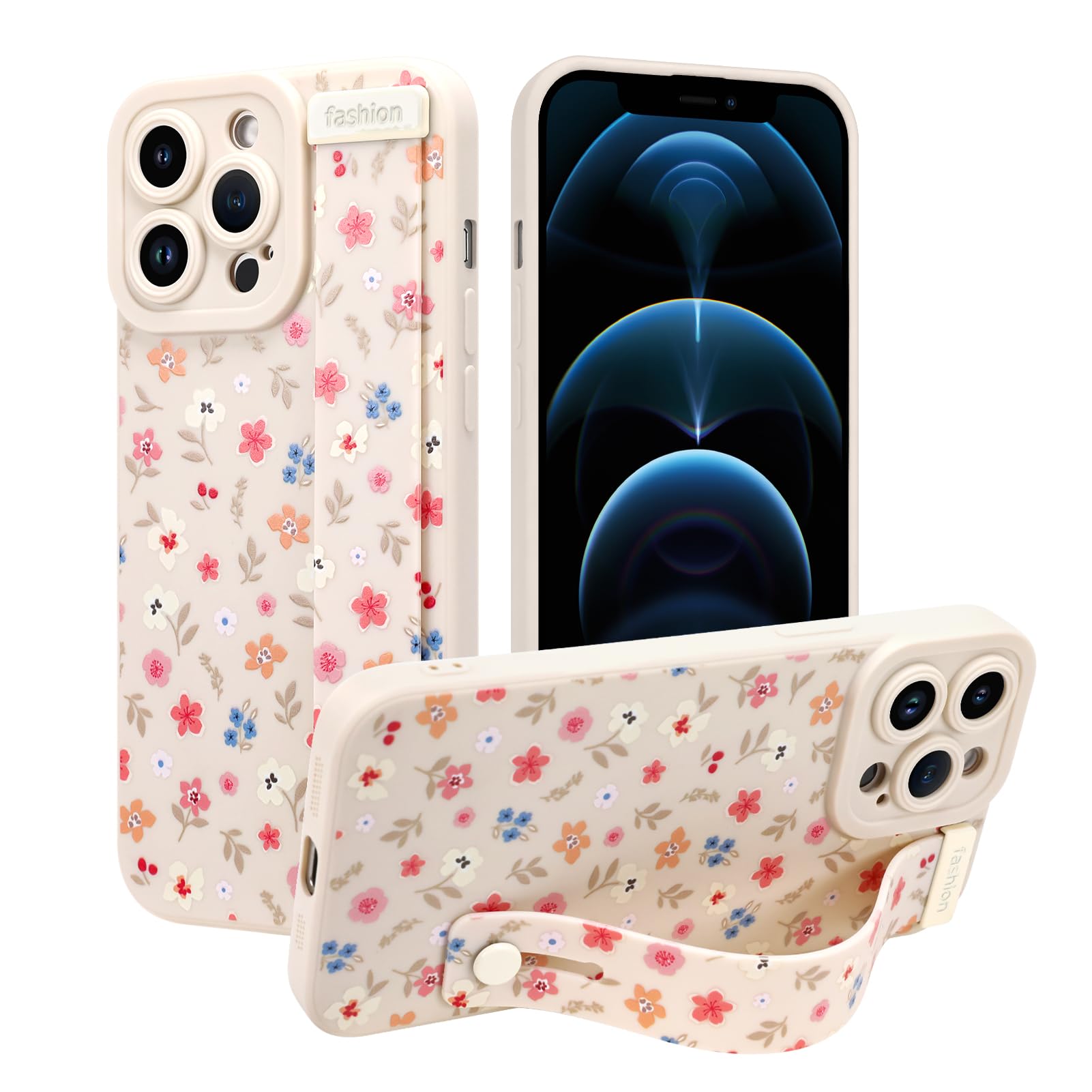 Jefonha Case for iPhone 12 Pro Silicone Phone Case with Strap for Women Girls Cute Floral Flowers Pattern, Adjustable Soft Finger Strap Kickstand