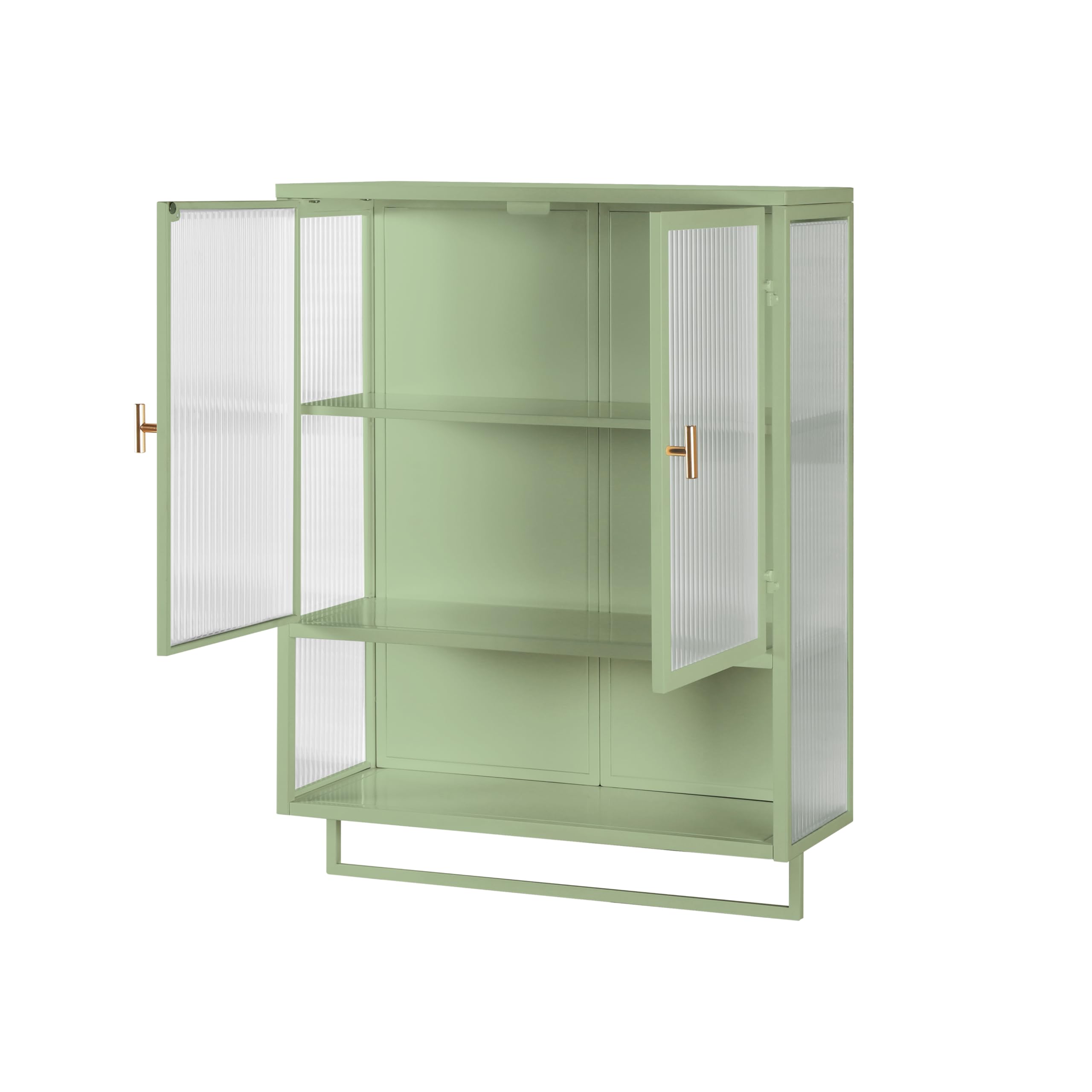 Moderner Hängeschrank Küchenschrank Wandschrank mit 2 Glastüren, Metal und Glas Badschrank Sideboard Hängend Medizinschrank mit Offener Stauraum und Handtuchhalter für Küche Bad, Grün, 60×23×78cm