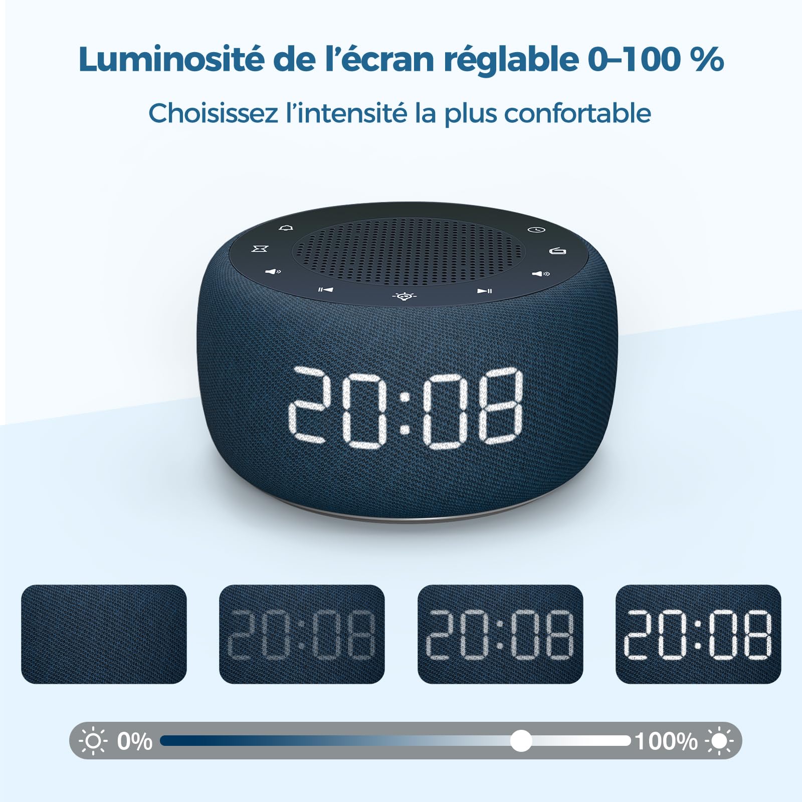 BUFFBEE Radio-réveil pour la Chambre - Son de Haute qualité pour la Radio, veilleuse 7 Couleurs, Affichage Complet avec variateur d'intensité pour la Table de Nuit (Bleu Marine)