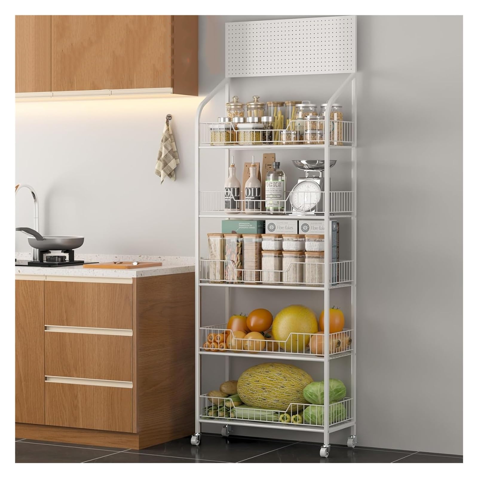 Genérico Estantería Comercial para supermercados, con 5 Niveles y Ganchos Perforados para organizar Aperitivos, Frutas, Verduras y Productos de panadería.