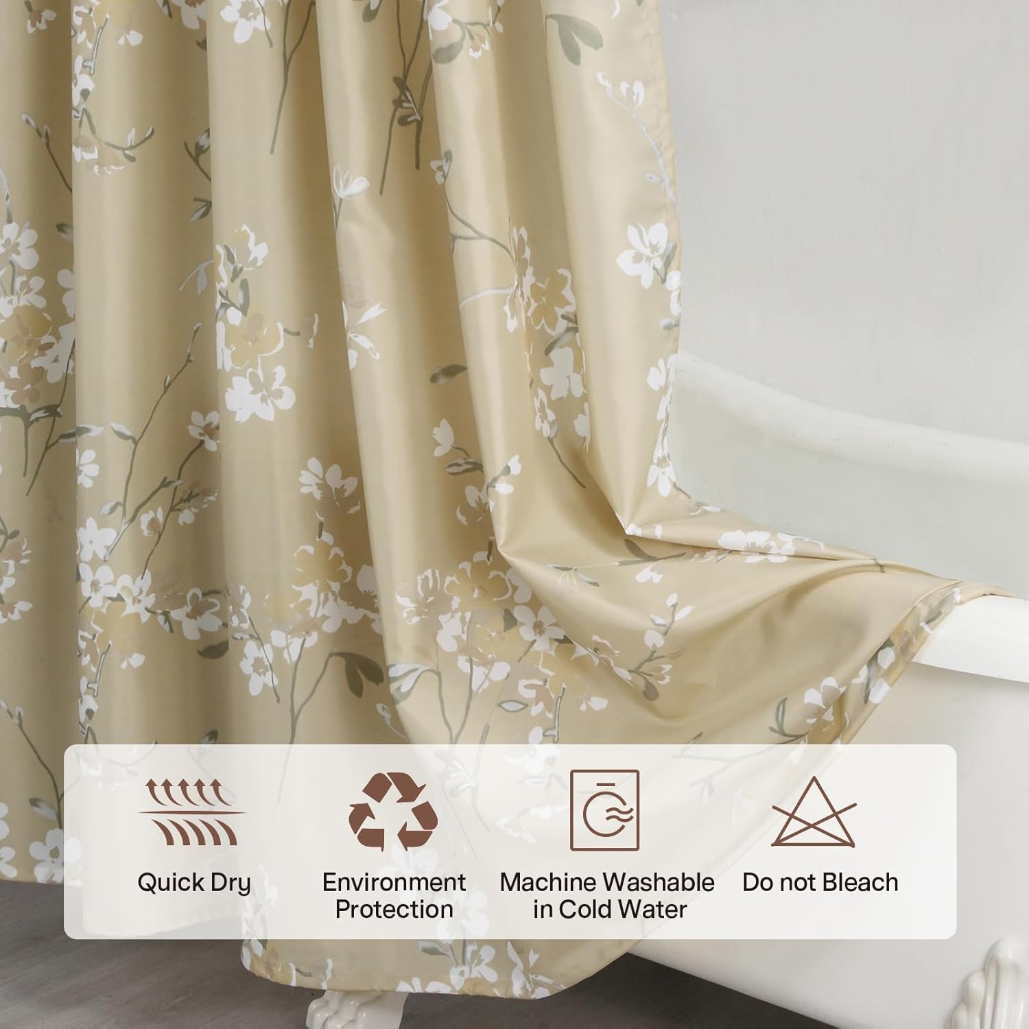 Farmhouse Floral Shower Curtain, Beige Yellow Curtains Printed White Flowers Plant Waterproof Curtains for Bathroom,72" W x Extra 78" H
