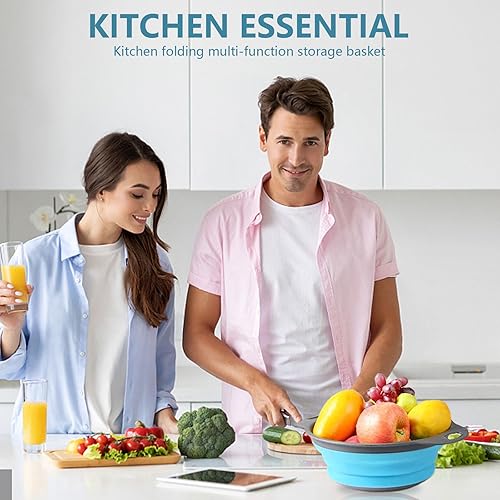 Miniatura 8 de Juego de 3 coladores plegables  redondo de silicona en la cocina, coladores de alimentos, escurridor, cesta azul para drenar pasta, verduras, frutas