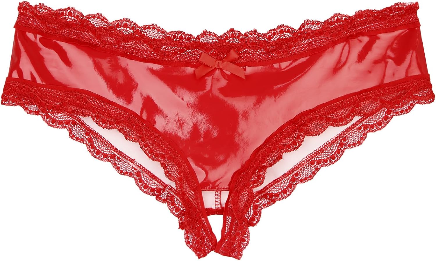 Men's Open Crotch Wet Look PVC Leather Lace Trim G-Sting Thongs Bikini Briefs Underwear