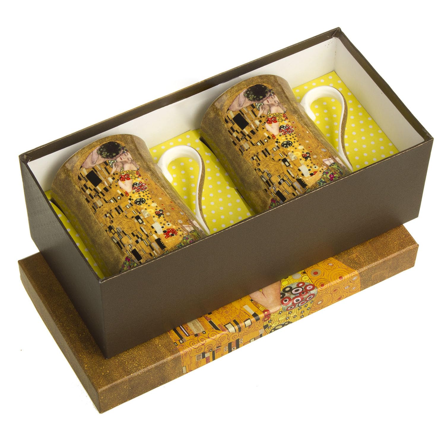 Queen Isabell Lot de 2 tasses à café en porcelaine avec cuillère Motif baiser de klimt 250 ml