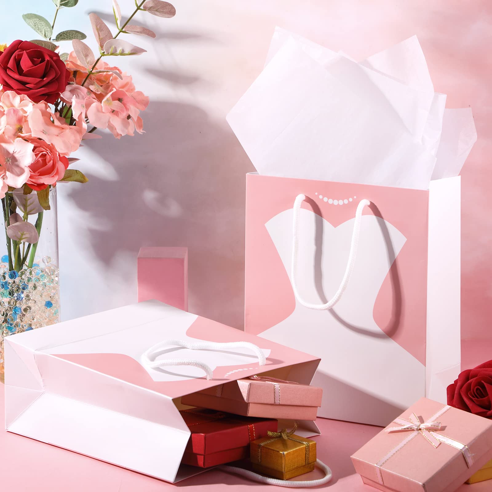 TaoBary Bridal Party Bags for 12 Guests - 9 x 7.5 x 3.5 Inch Bags with 12 Tissue Paper and Handle for Bridal Shower Proposal