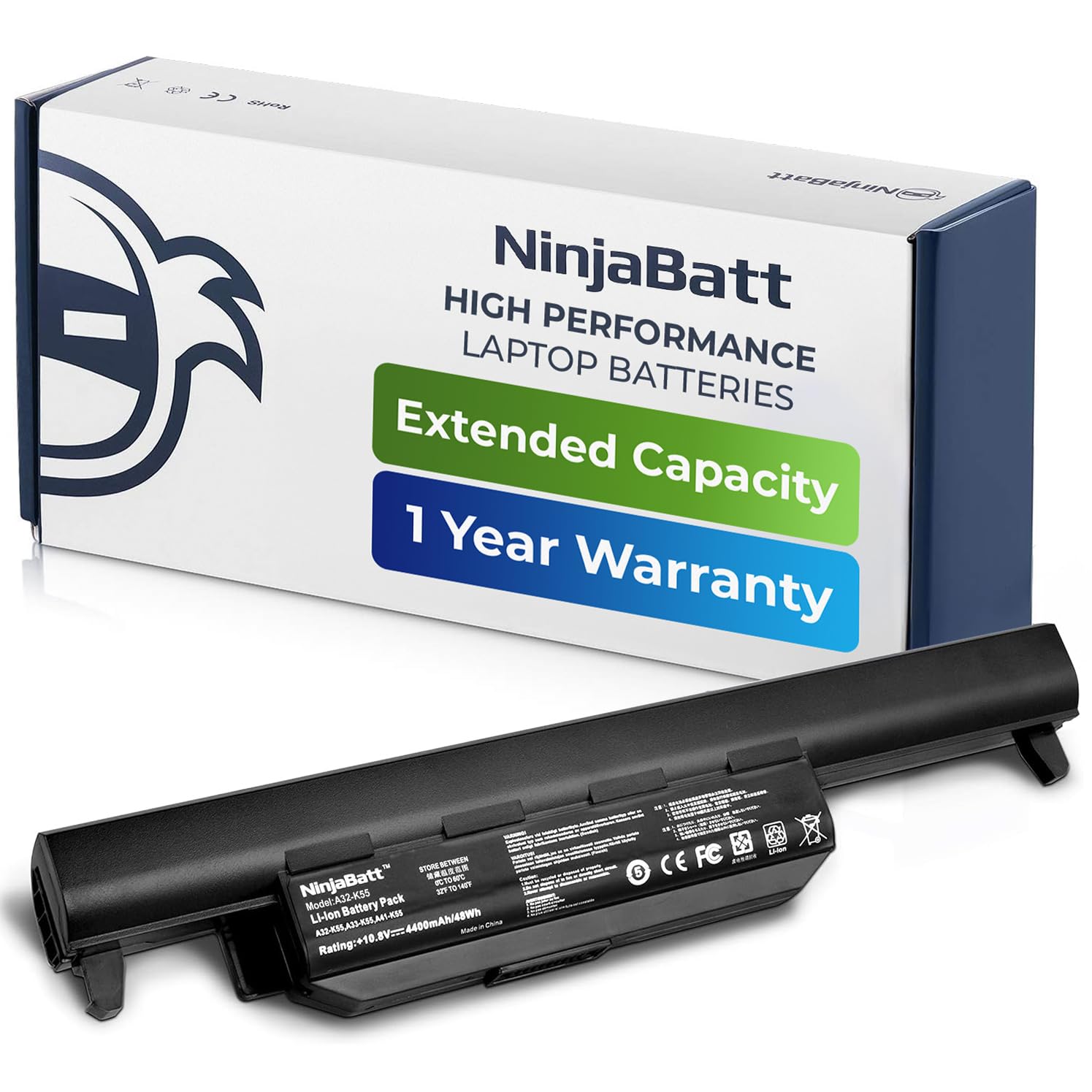 NinjaBatt Battery A32-K55 Compatible with Asus Q500 Q500A R503U R503A R503C K55VD X75VD K75VM K75VD K75DE K55 K55N K55VM K45VS K45VJ K55DR K55VS R400 R500 R700 – [6 Cells/4400mAh/48Wh]