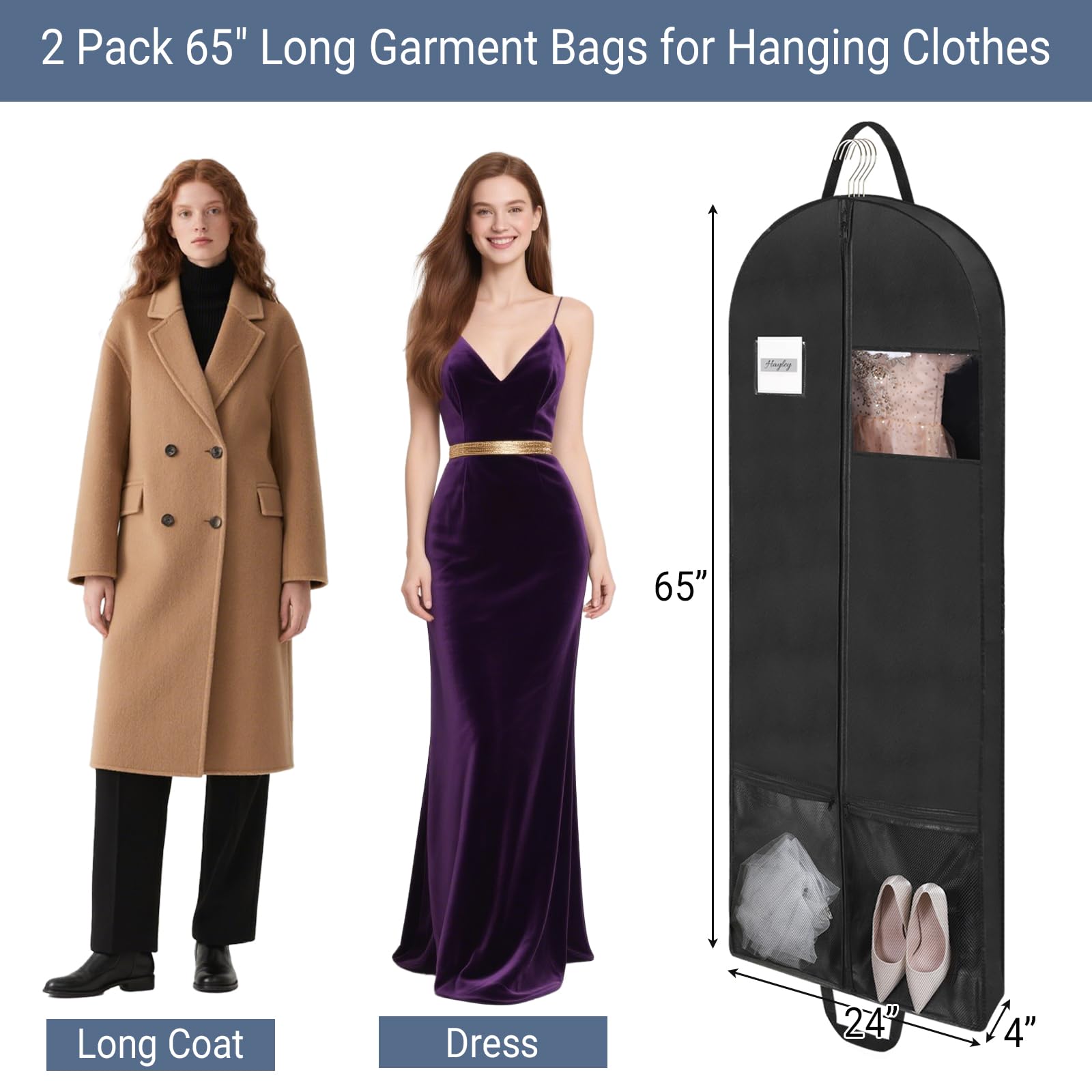 Belinlen 2pack 65" Long Garment Bags for Dress Travel Garment Bag with 4" Gusseted Dress Cover with 2 Mesh Pockets and 2 Carry Handles (Black) - Image 2