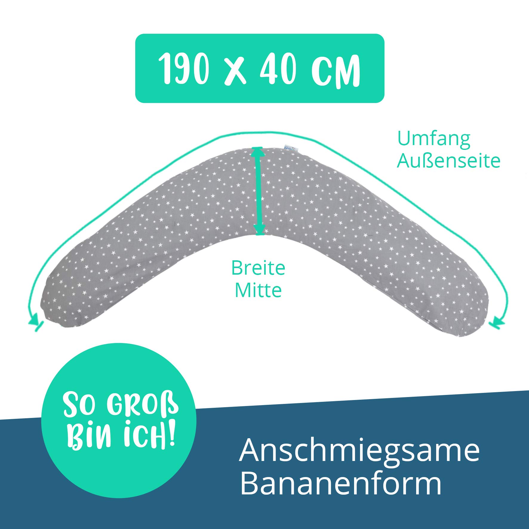 pic Bear Ersatzbezug Stillkissen 190 cm | 100% Bio-Baumwolle | GOTS-Stoff atmungsaktiv & antiallergisch | Moderne Designs (Seladongrün, 190x40 cm | GOTS-Stoff)