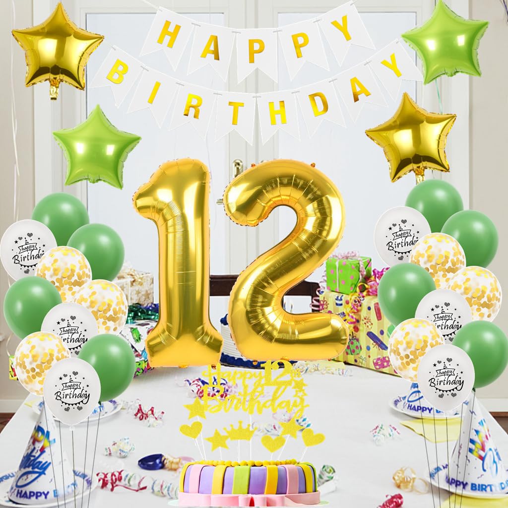 14. Geburtstag Deko-Set In Gold & Grün – Mit Folienballons, Girlande & Tortendeko Für Jungen & Mädchen
