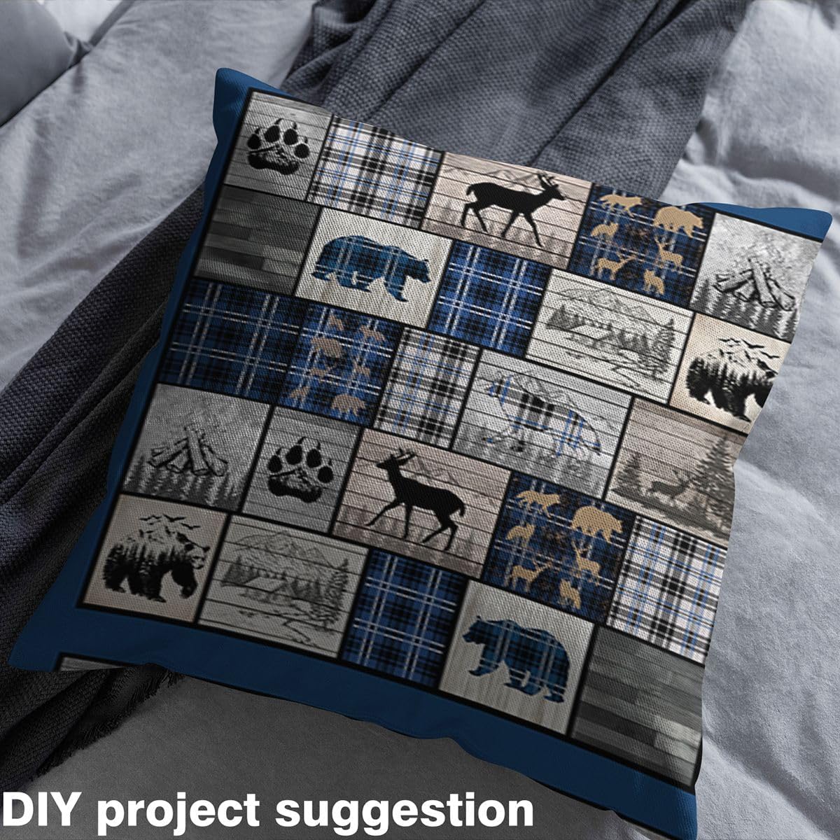jejeloiu Rustic Cabin Fabric by The Yard Bear Deer Wildlife Upholstery Fabric Blue Black Plaid Waterproof Indoor Outdoor Decor for DIY Sewing Craft Projects Camping Lodge Mount 2 Yards