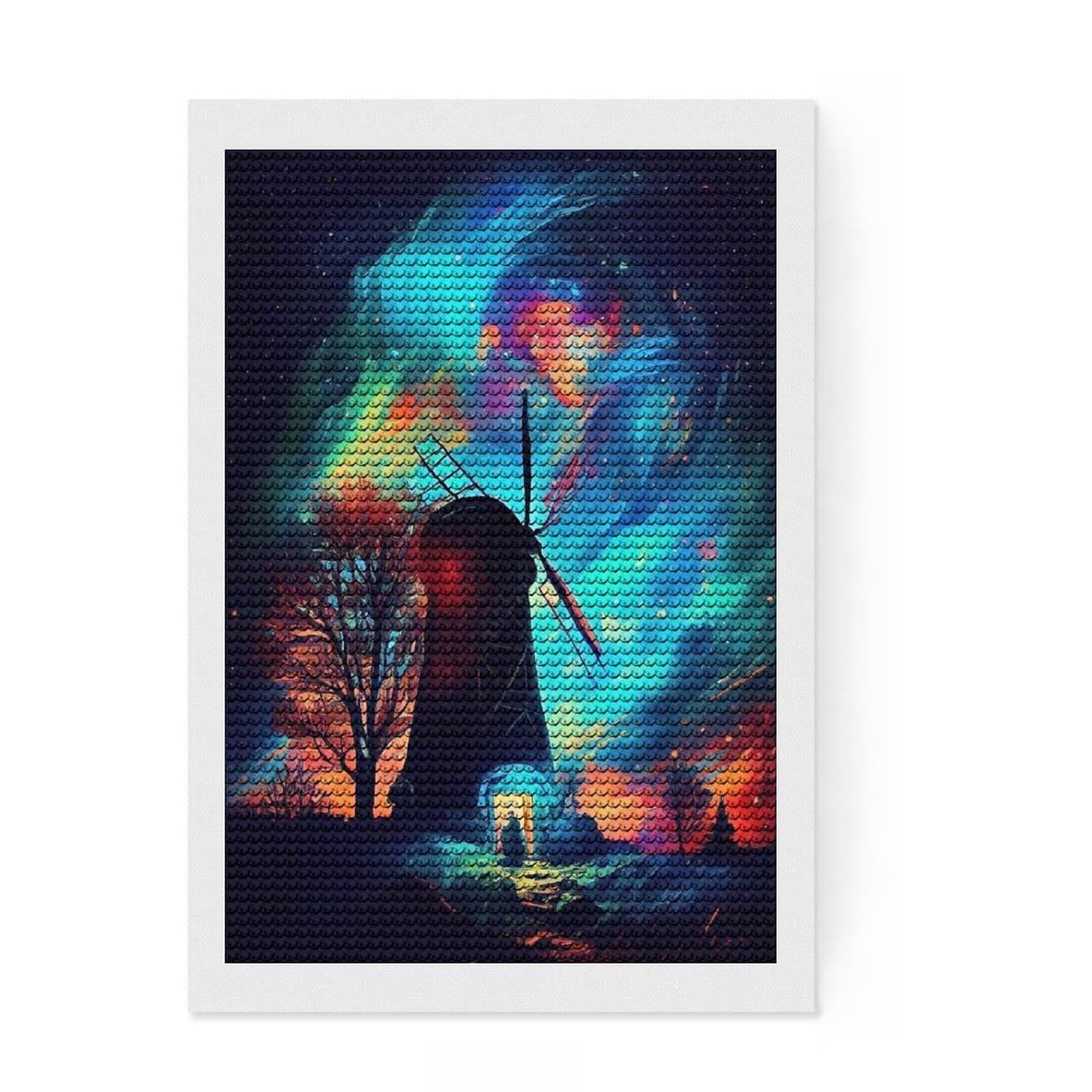 Junmoney Neon Night with Windmill Diamond Painting Kit 8"x12", for Teens, Living Room Decor, Calming Craft to Unwind, Holiday Gift Idea