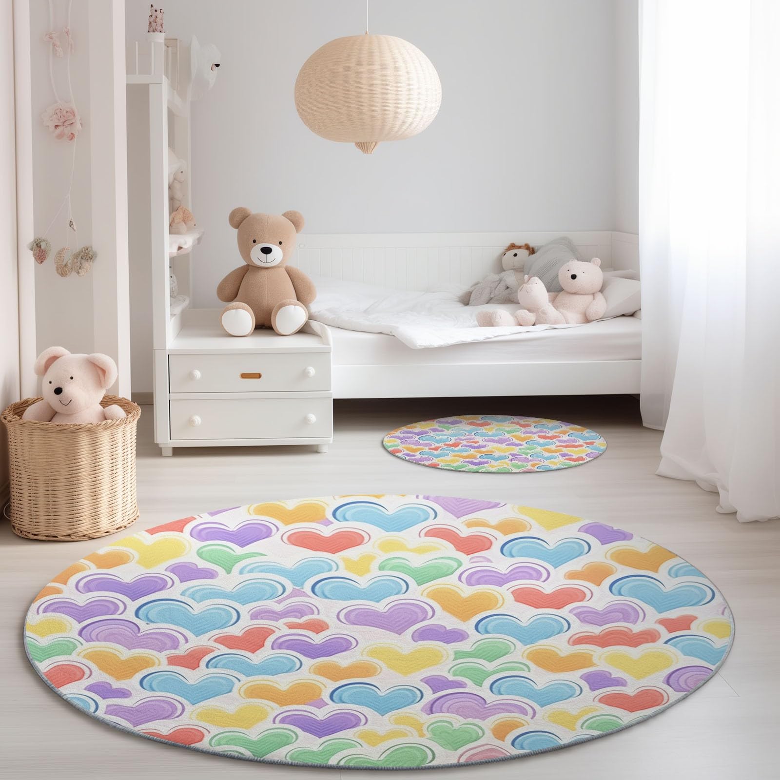Tappeto rotondo lavabile in lavatrice Motivo A Nuvola A Forma Di Cuore, Stile Cartone Animato Tappetino antiscivolo assorbente per camera da letto, soggiorno, cameretta bambini 150 cm, Colorato
