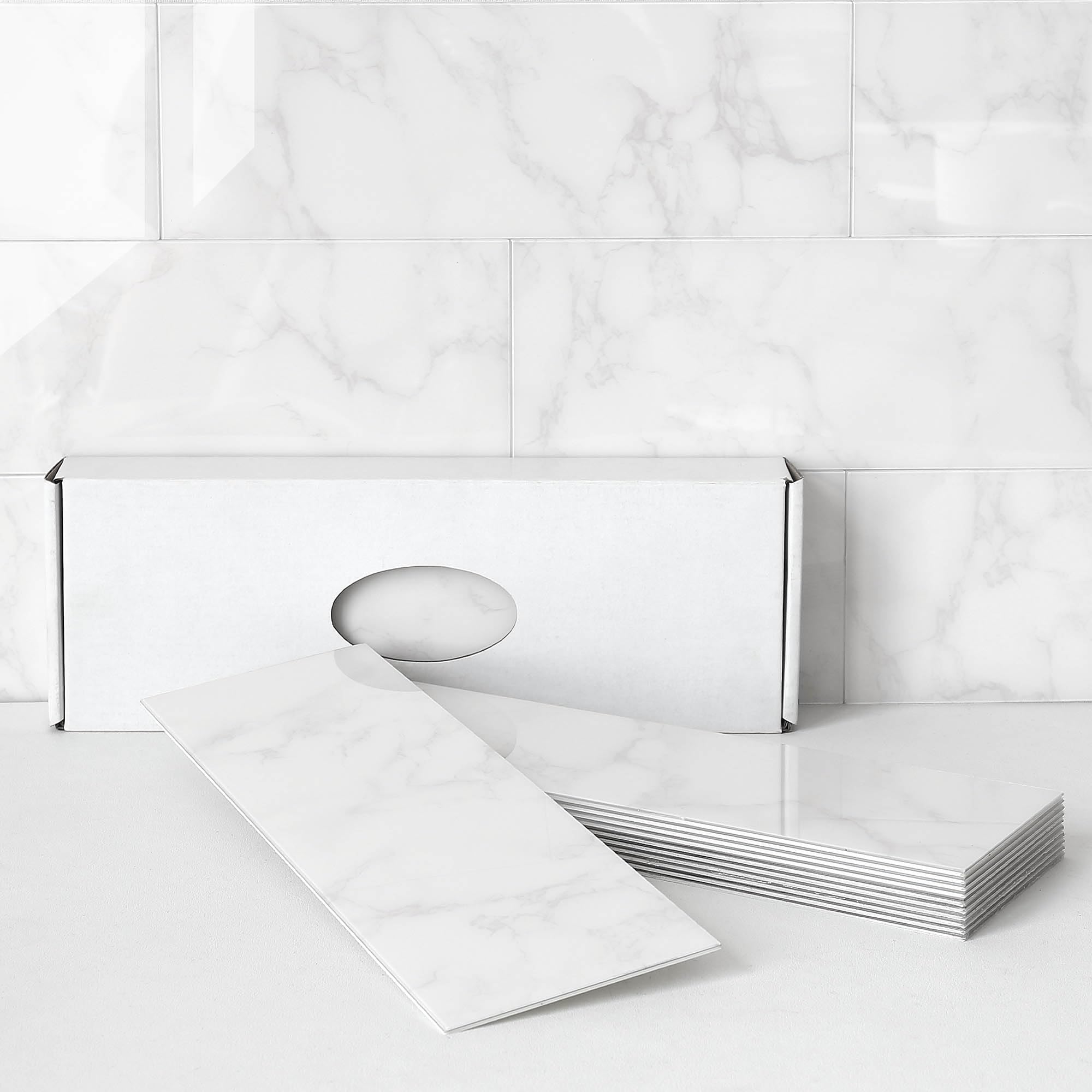 BeNice Peel and Stick Backsplash for Kitchen Tile,Peel and Stick Tiles for Walls Tile Stickers Waterproof Marble Tile Backsplash 3.85"x11.73"(16Tiles) Carrara White