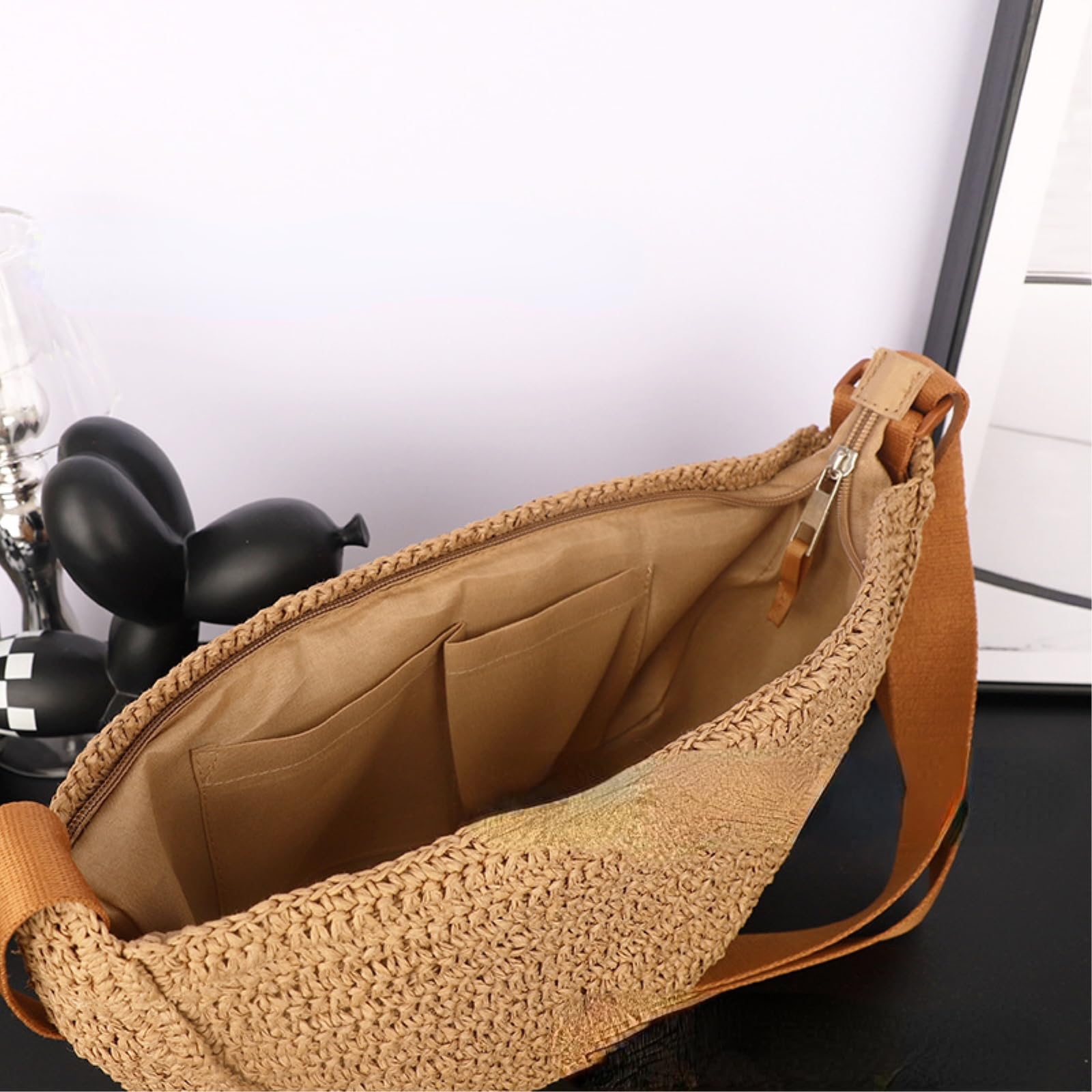 Borsa Spalla Paglia Crossbody Bag Tessuto Sling Cinturina Regolabile Casual Mini A Spalla-Brown