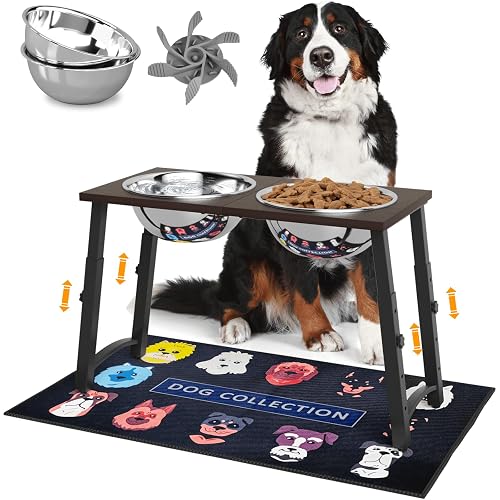 Raised Dog Bowl with Spill-Proof Mat, 4 Adjustable Heights, Two