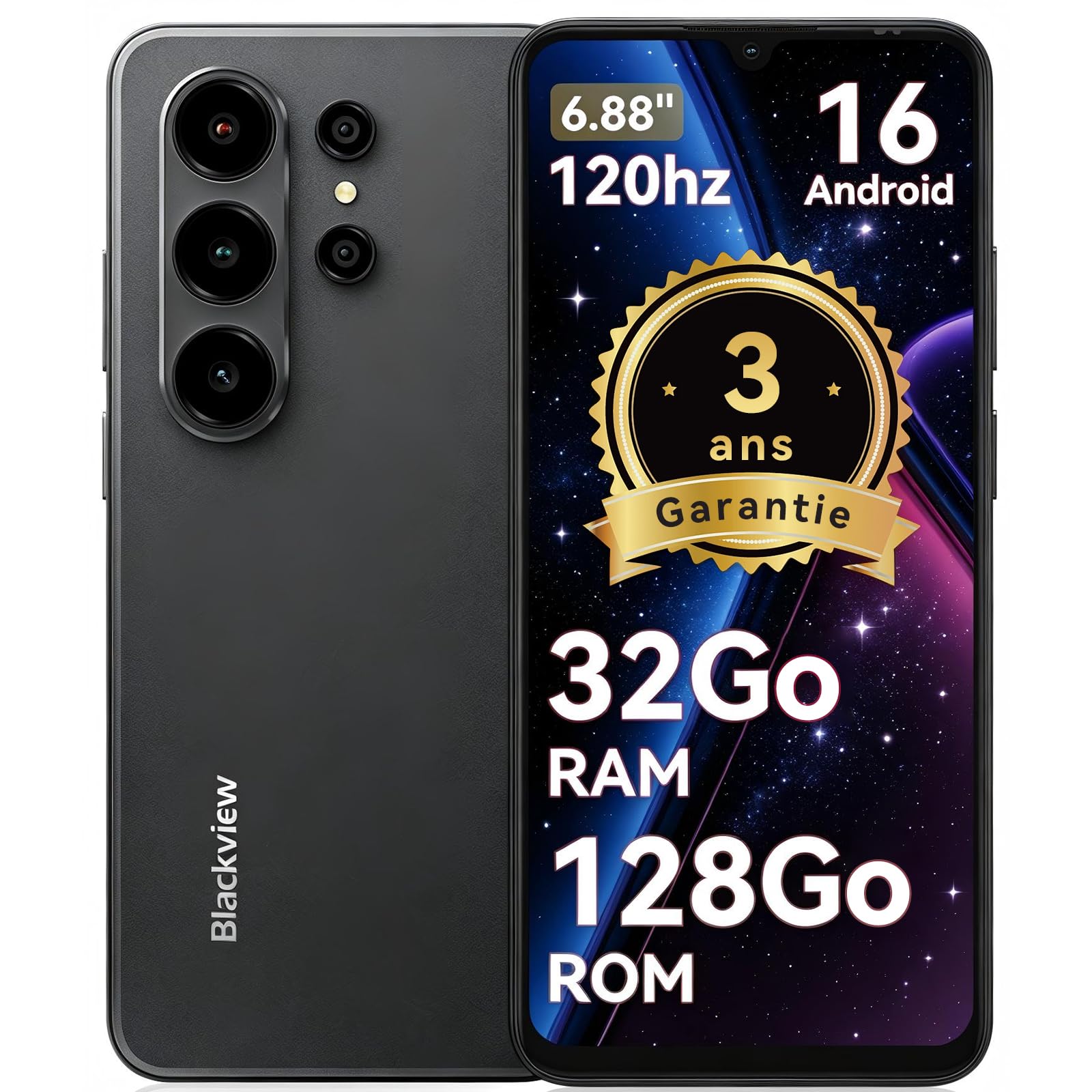 Blackview Wave 10 Téléphone Portable Pas Cher Android 16 Smartphones,6.88",32Go+128Go/2To, 32MP+13MP, 5000mAh,Smartphon 4G Dual SIM, Telephone WiFi 5G/GPS/IP54/3 Card Slots/3.5mm/FM/3Ans Garantie | 32MP