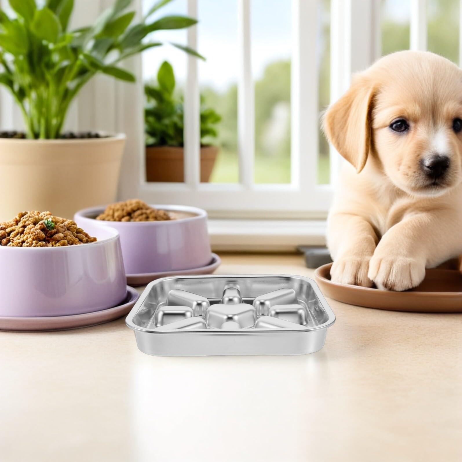 Comedero Lento Laberinto para Perros y Cachorros Acero Inoxidable Plata | 23x23 Cm, Resistente al Óxido, Limpieza Sencilla, Base Antideslizante, Diseño de Alimentación Pausada