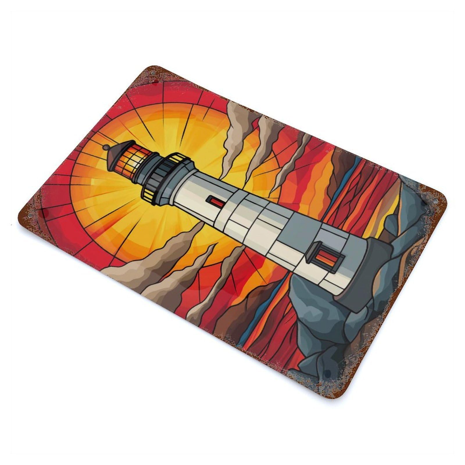 Rust Effect Lighthouse Sunset Rusty Metal Tin Sign 11.8"x7.9", Old School Wall Decor for Cafe, Home Bar And Lounge Decor