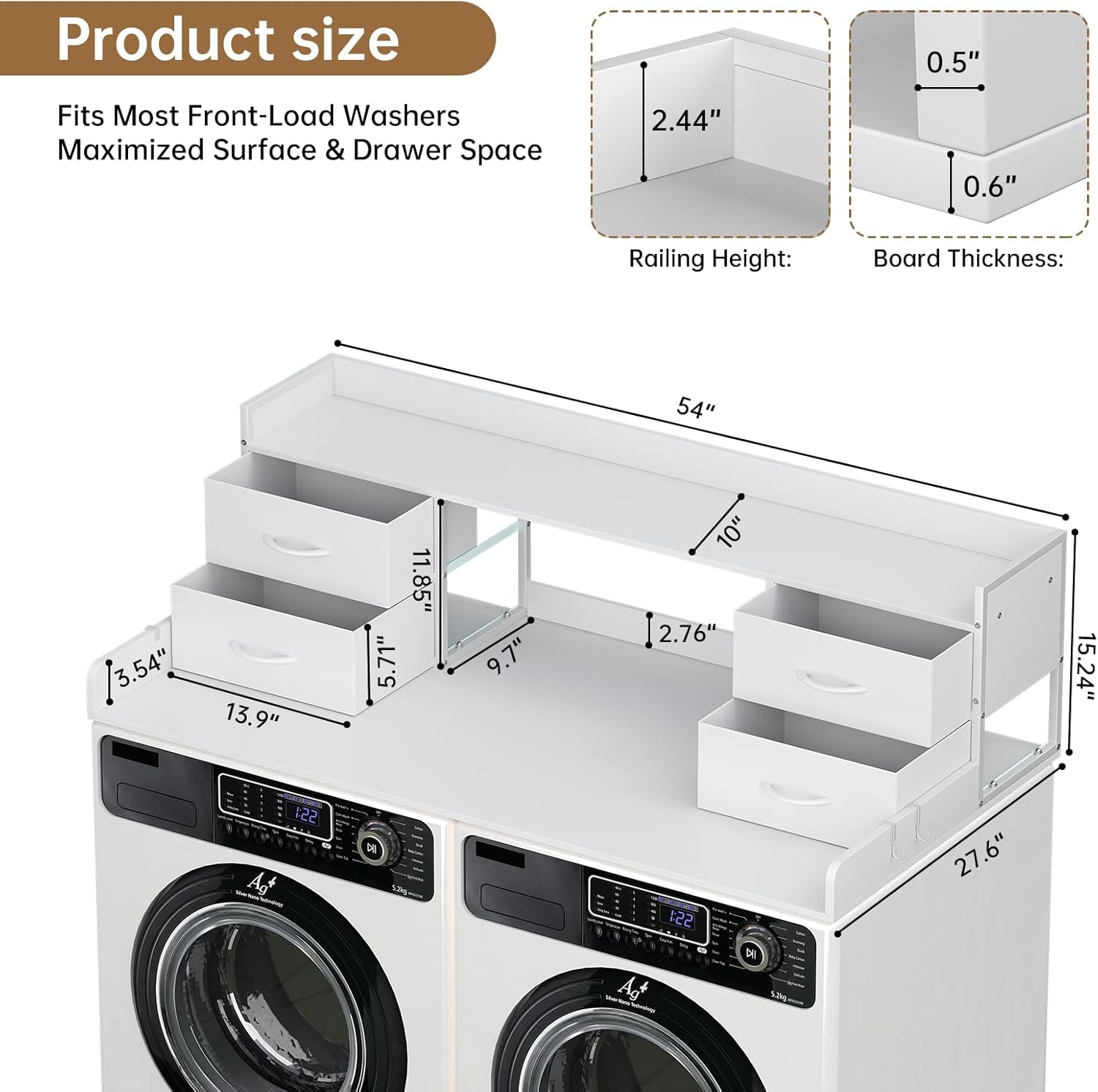 4 Drawers Washer Dryer Countertop with Shelf, 27.5 D x 54 W Laundry Topper with 3.54 High Guardrails and Non-Slip Pads,Extra Storage Organizer for Over Washer and Dryer, Holds 66 Lbs,White