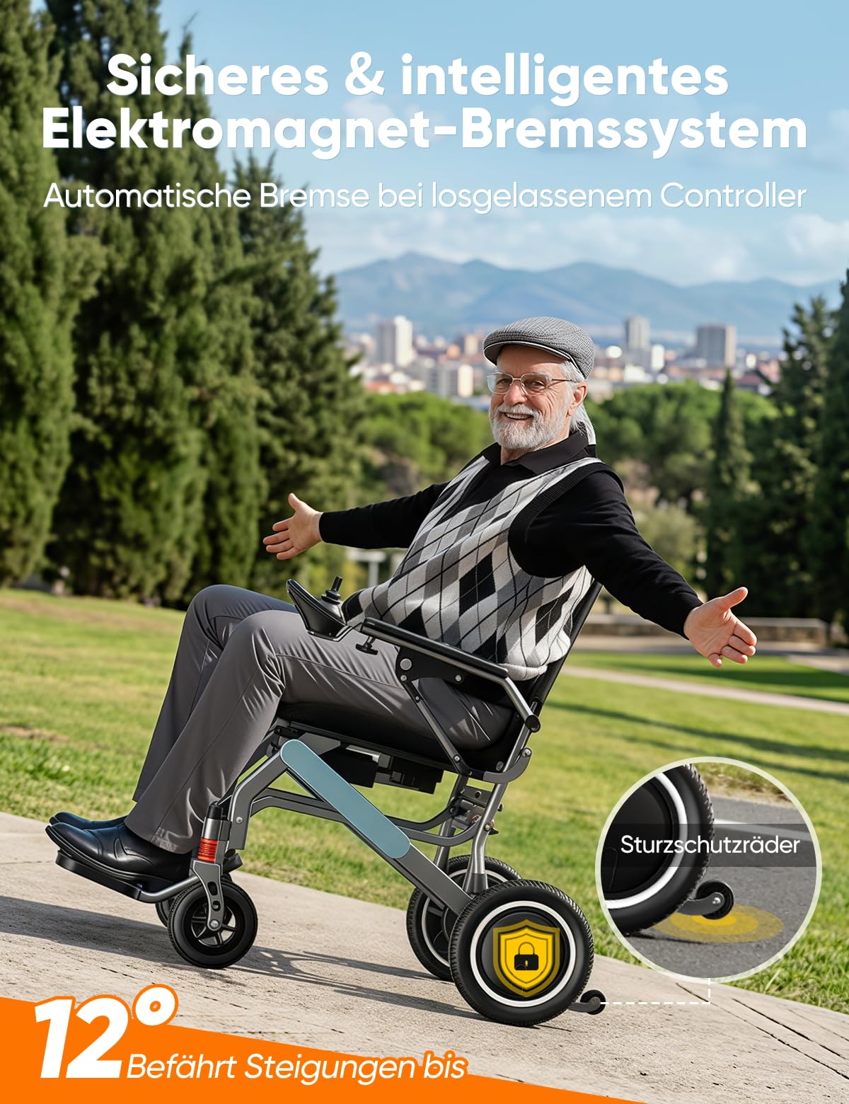 Elektrischer Rollstuhl nur 15,8 kg leicht & klappbar | 20 km Reichweite | Geländetauglich | 125 kg Tragkraft | LED-Leuchte Elektromagnetische Bremse | Ideal für Reise & Alltag