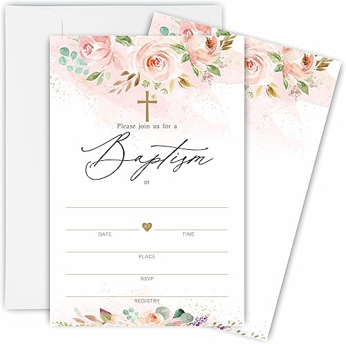 Invitaciones florales de bautismo, 25 tarjetas de invitación de relleno con sobres, ceremonia de nombramiento de bautismo, decoraciones y