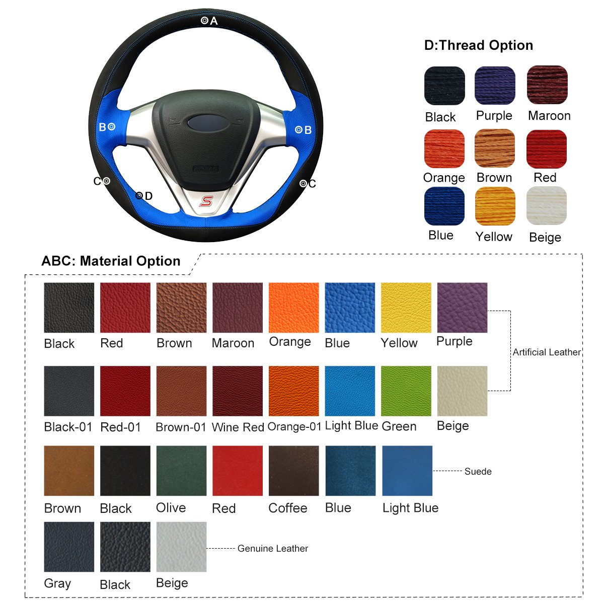 Funda de volante de cuero para volante con diseño 3D personalizable, color negro, azul y ante para Fiesta 2008-2013 Ecosport 2013-2016 (volante de cuero, comprar este)