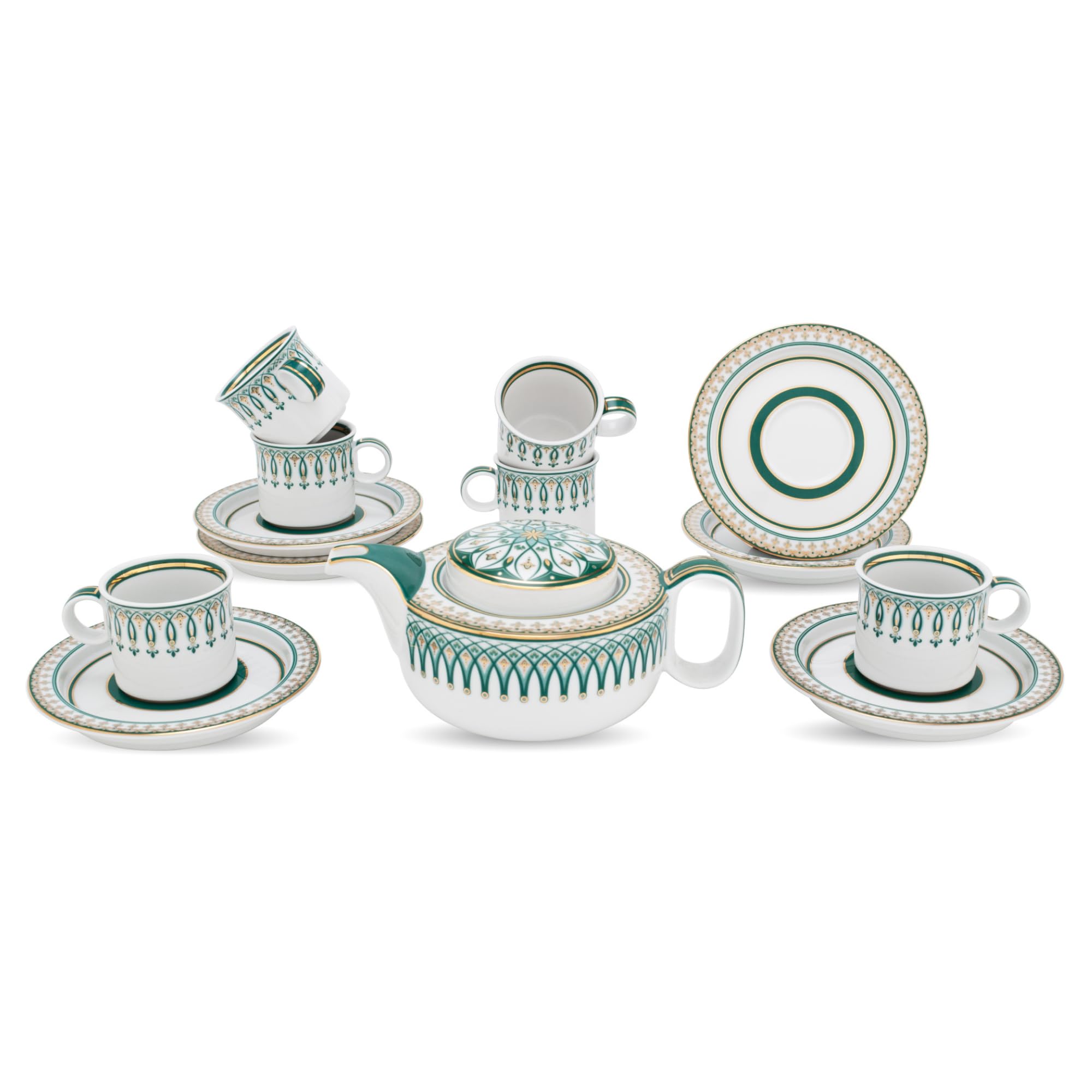 13pcs Porcelain Tea Cup and Saucer Set, Porcelain Tea and Coffee Cup Set with 1 teapot, 6 teacups, 6 saucers (Green Gothic)
