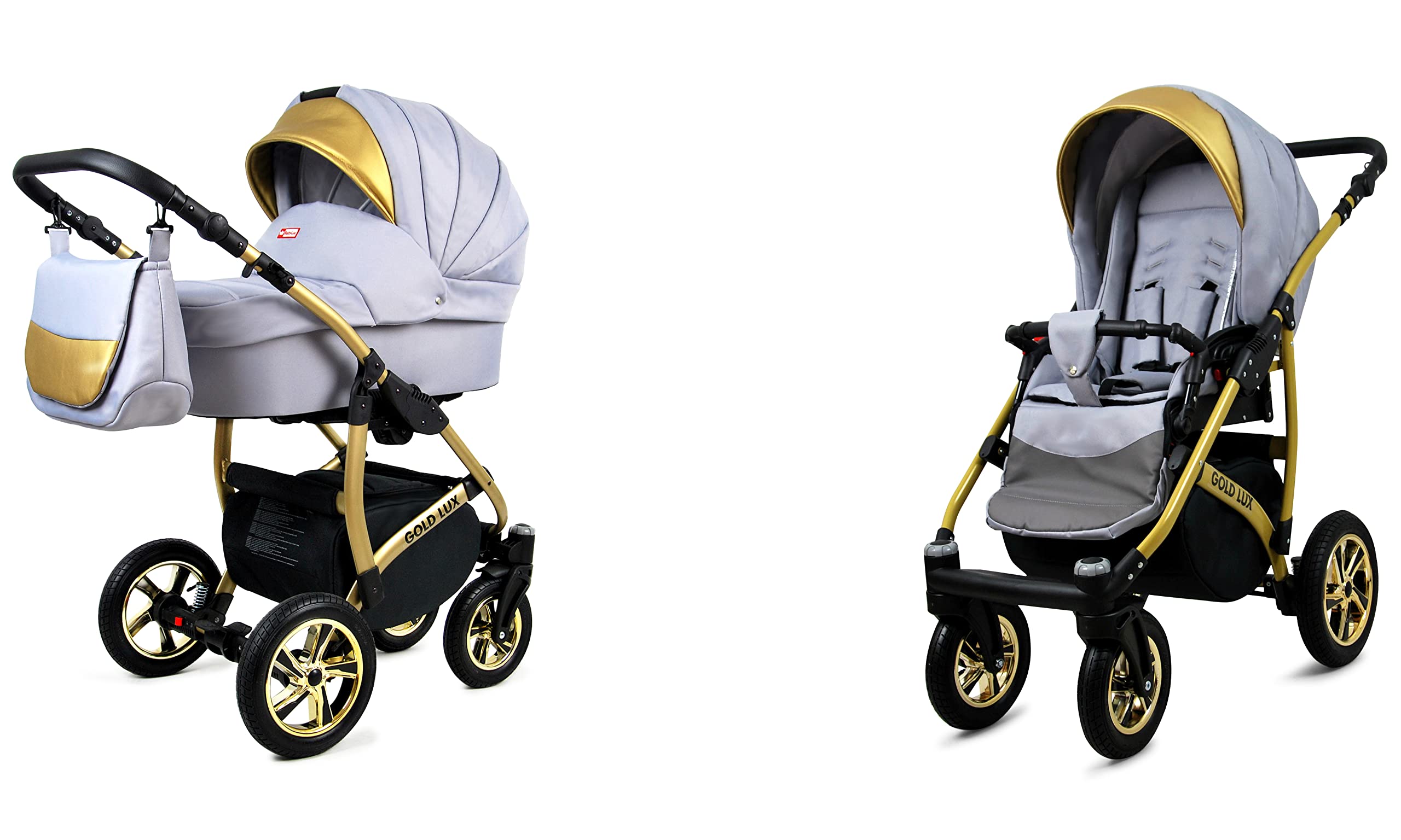 BabyLux Gold Lux Wózek Dziecięcy 2w1 Głęboki i Spacerowy z Akcesoriami Regulowana i Składana Lekka Aluminiowa Konstrukcja 2 Opcje Montażu Wodoodporny Nieprzebijalne Koła Silver Gold Frame