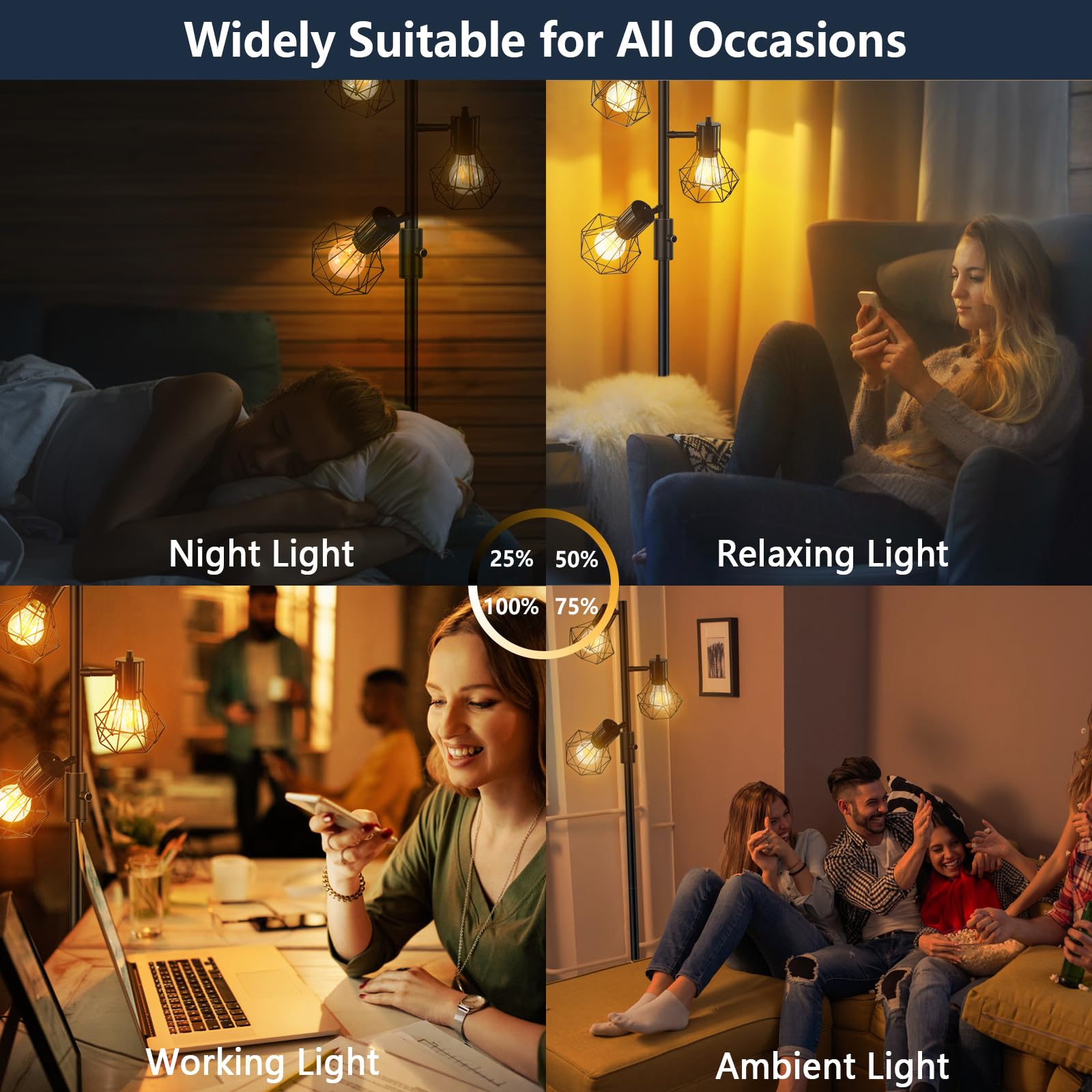 HiBay LED Stehlampe Dimmbar,Industrial Rustikale Stehleuchte 3 Flammig Schwarz Standlampe mit 3x8W 800LM E27 Lampe Leselampe für Wohnzimmer, Schlafzimmer, Büro