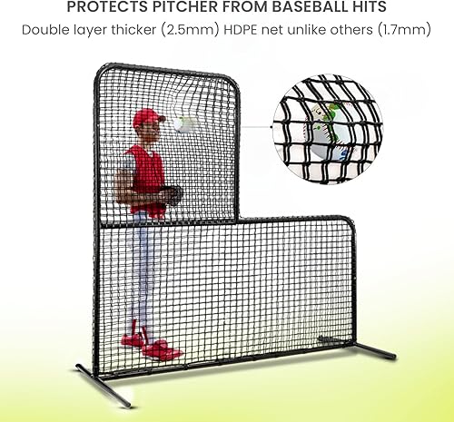 Miniatura 2 de Pantalla de béisbol L para jaula de bateo, protección de lanzador, 7 x 7 pies, incluye bolsa de transporte portátil, pelota de entrenamiento