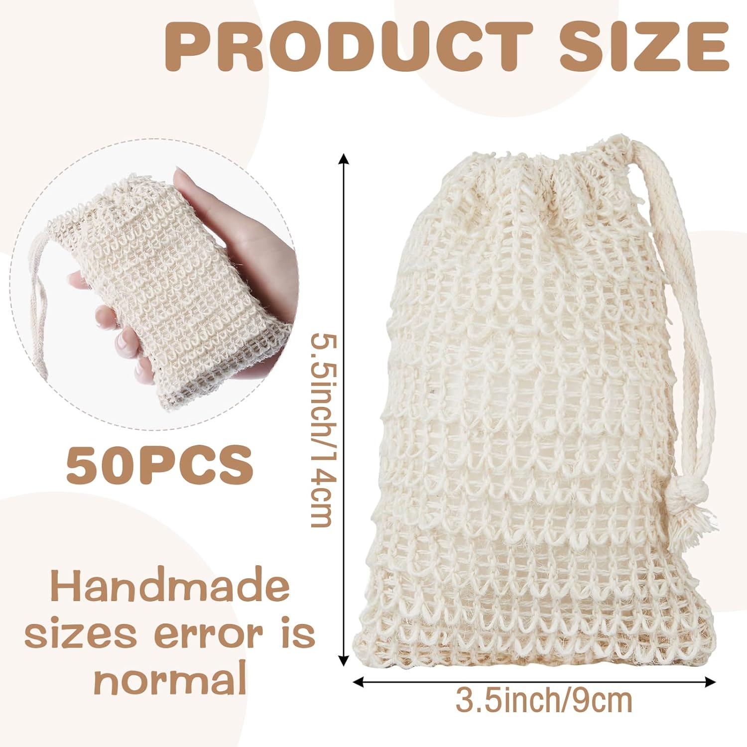 50 Pack Sisal Soap Saver Bag with Drawstring, Natural Cotton-Linen Exfoliating Net Pouch for Foaming and Drying, Travel Bar Soaps Mesh Bags Soap Savers for Bath and Shower Use - Image 3