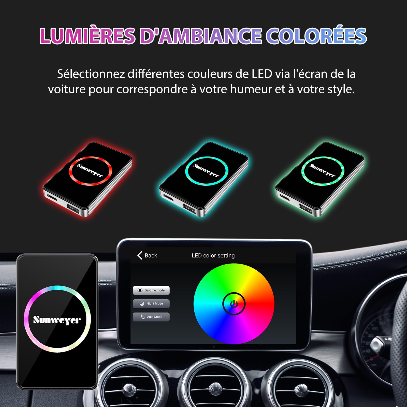 Sunweyer Adaptateur sans Fil CarPlay 2025 Android Auto Streaming Box SW12 avec Netflix, Youtube, Hulu, Installation de l'application – AI Box, Dual WiFi, HDMI, lumière d'ambiance LED (SW12 Pro)